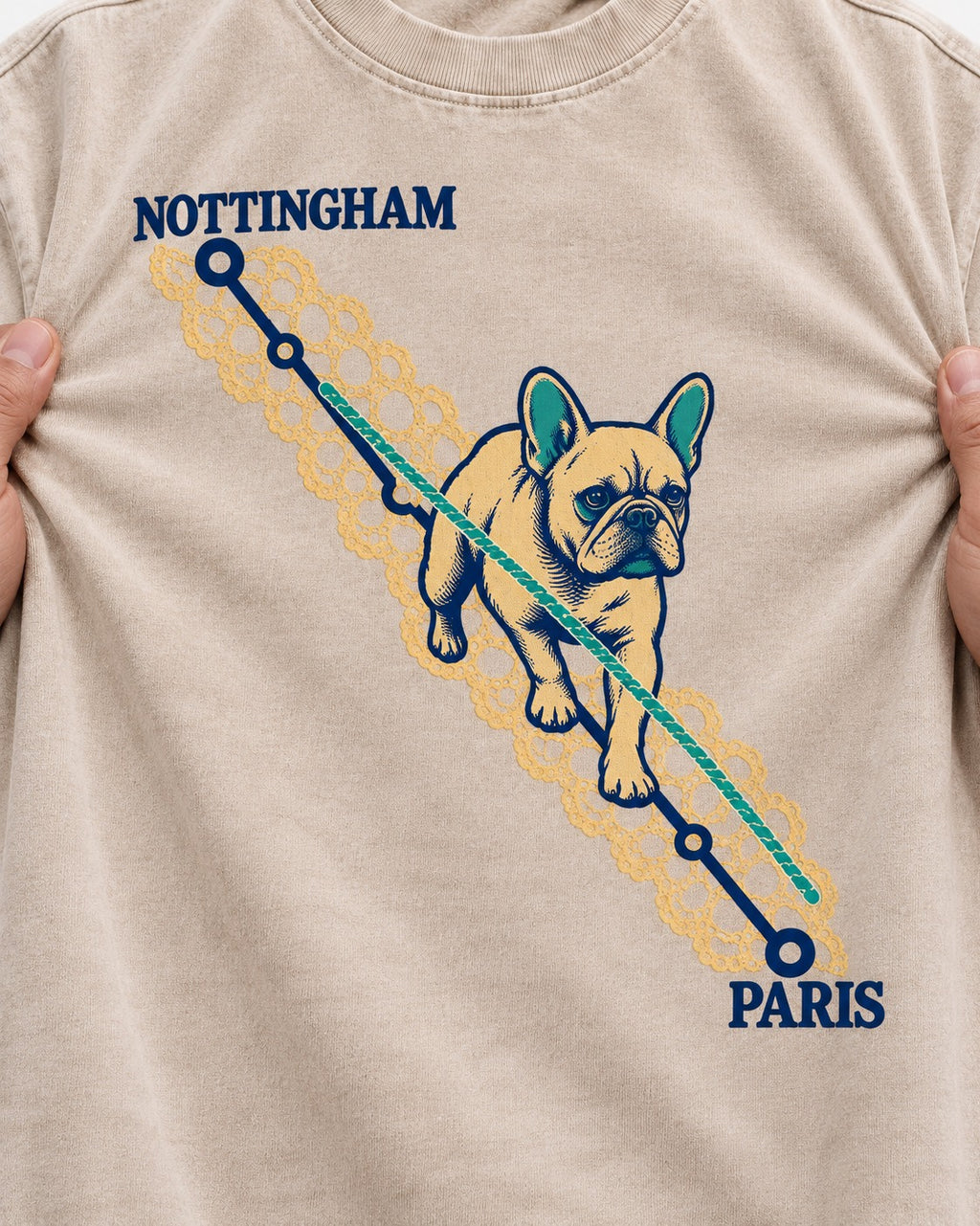 Nottingham to Paris Frenchie Washed Tee in Apricot, close-up of the graphic
