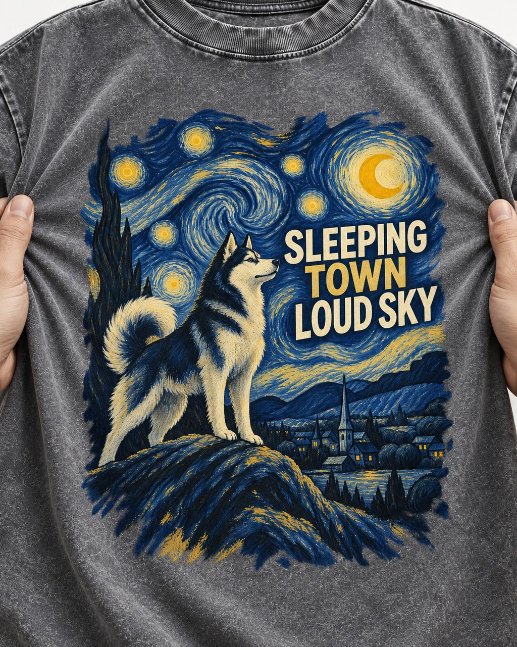 Husky Sleeping Town Loud Sky Starry Night Graphic Washed Tee in Gray, close-up of the graphic