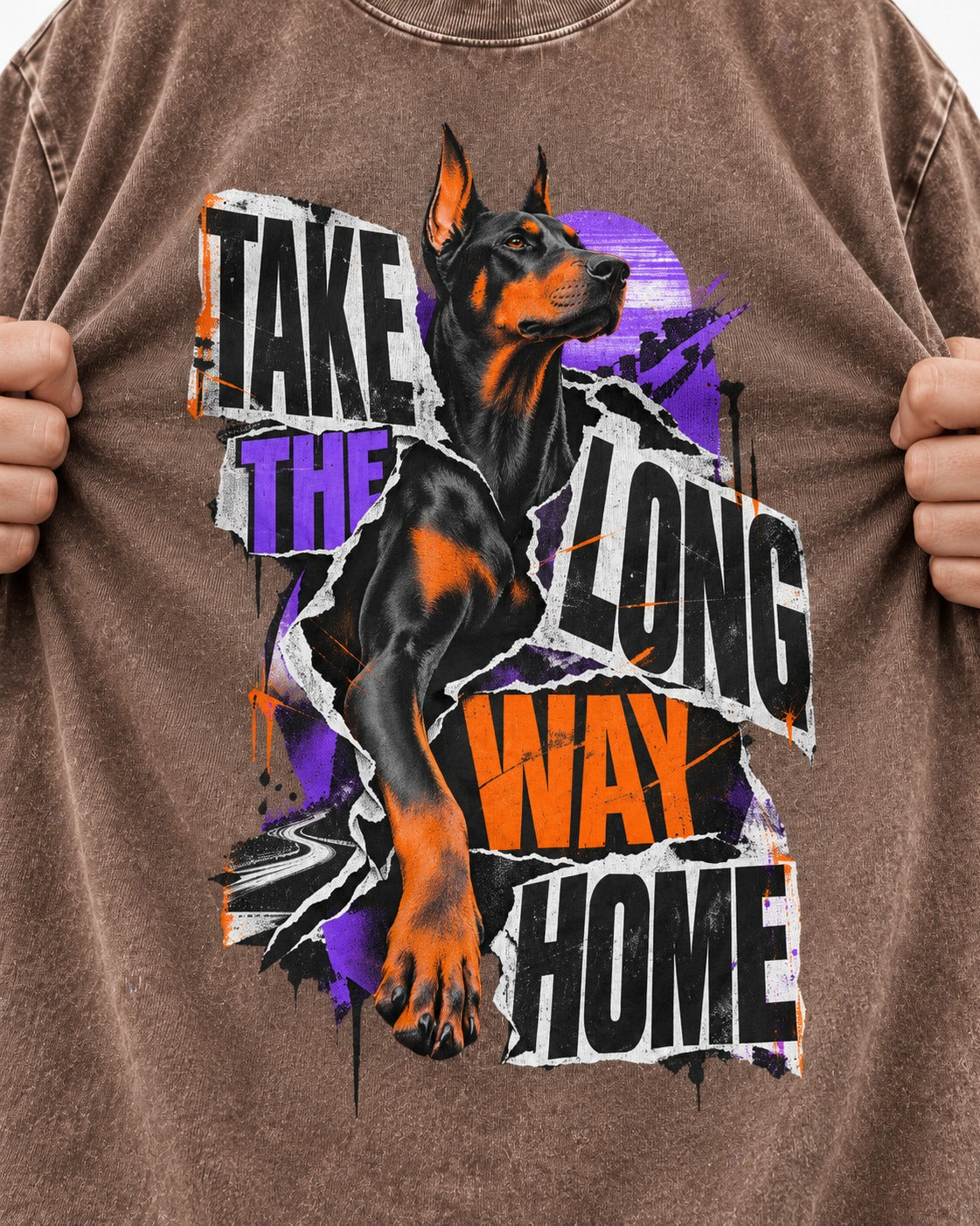 Doberman Long Way Home Washed Tee in Coffee, close-up of the graphic