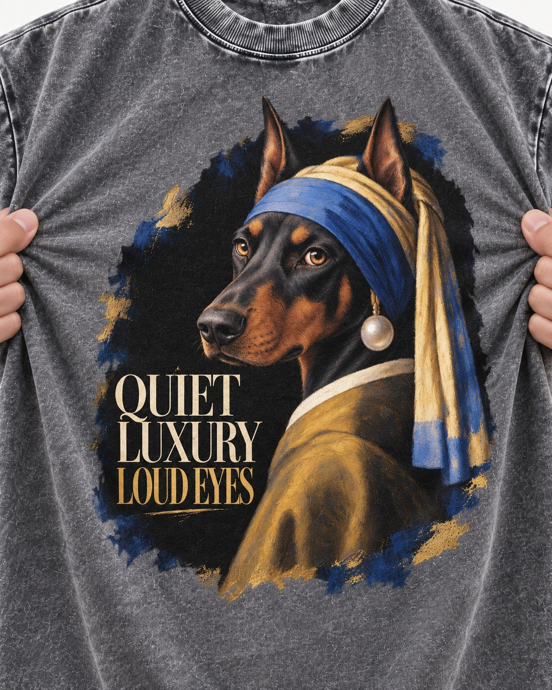 Doberman Quiet Luxury Loud Eyes Pearl Portrait Graphic Washed Tee in Gray, close-up of the graphic