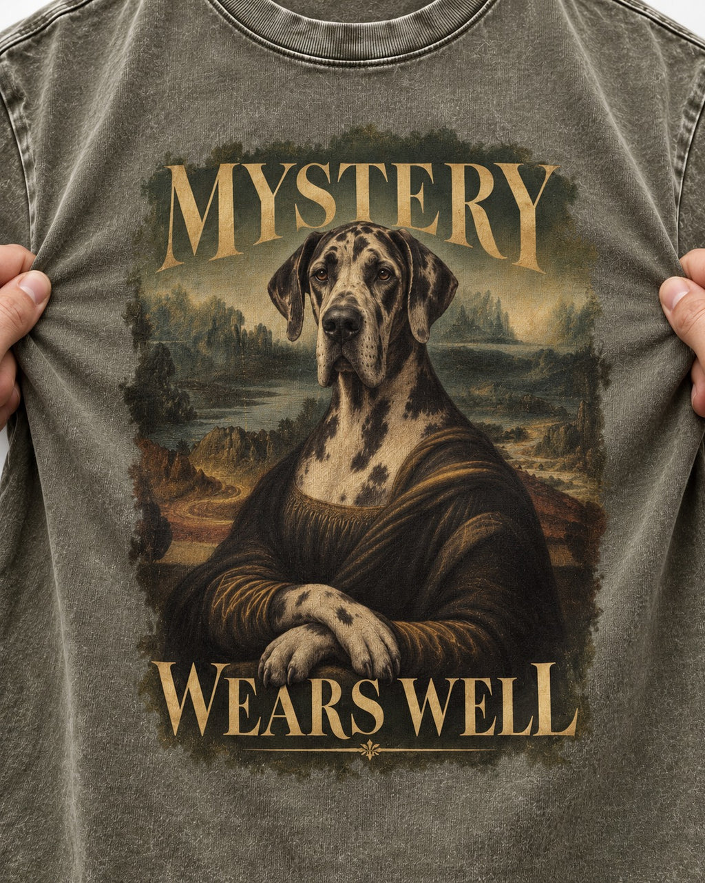 Great Dane Mystery Wears Well Renaissance Portrait Graphic Washed Tee in Army Green, close-up of the graphic
