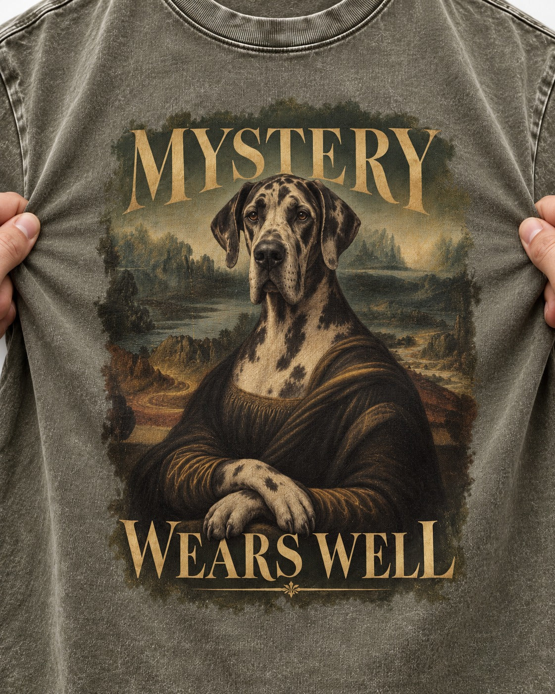 Great Dane Mystery Wears Well Renaissance Portrait Graphic Washed Tee in Army Green, close-up of the graphic