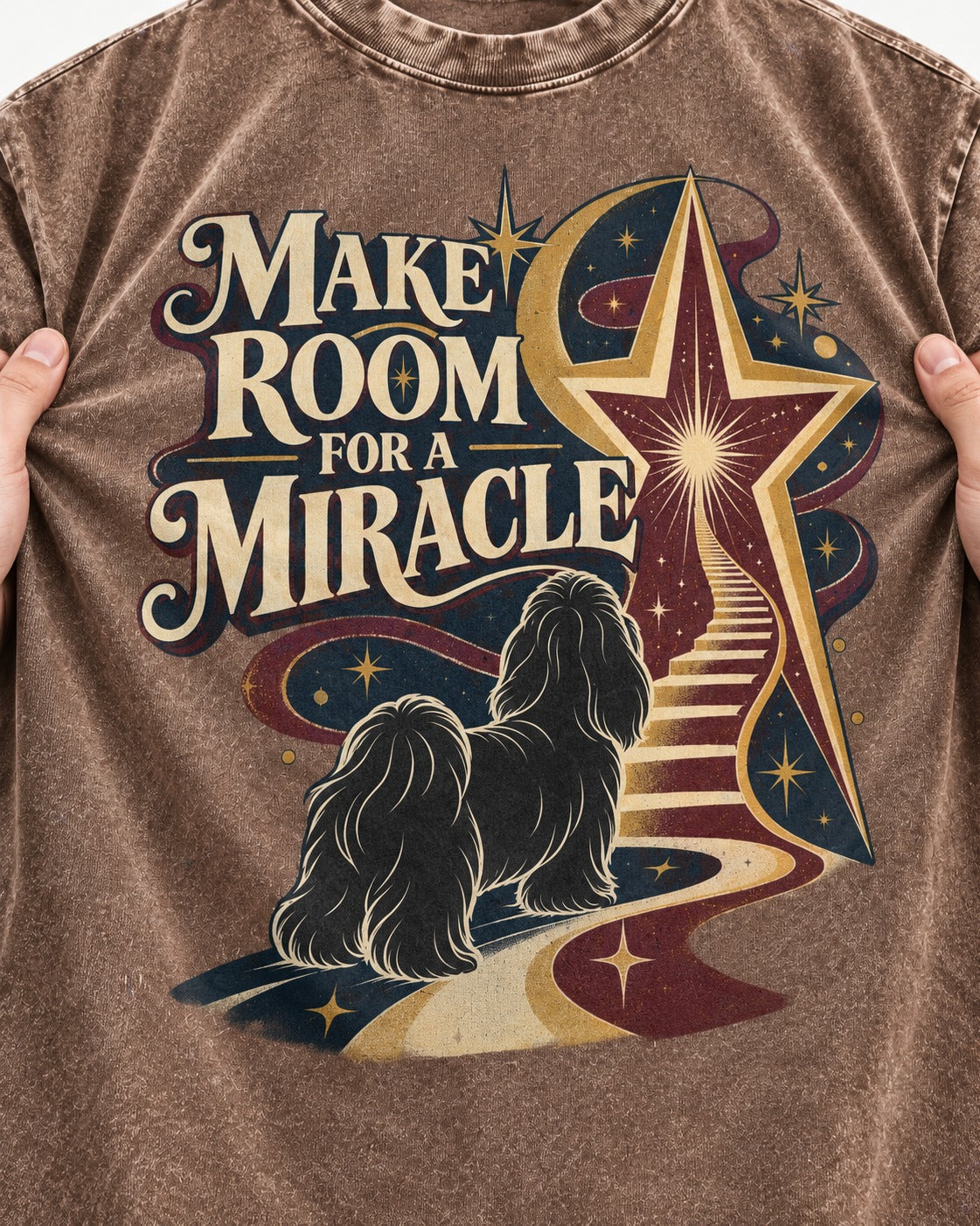 Room for a Shih Tzu Miracle Washed Tee in Coffee, close-up of the graphic