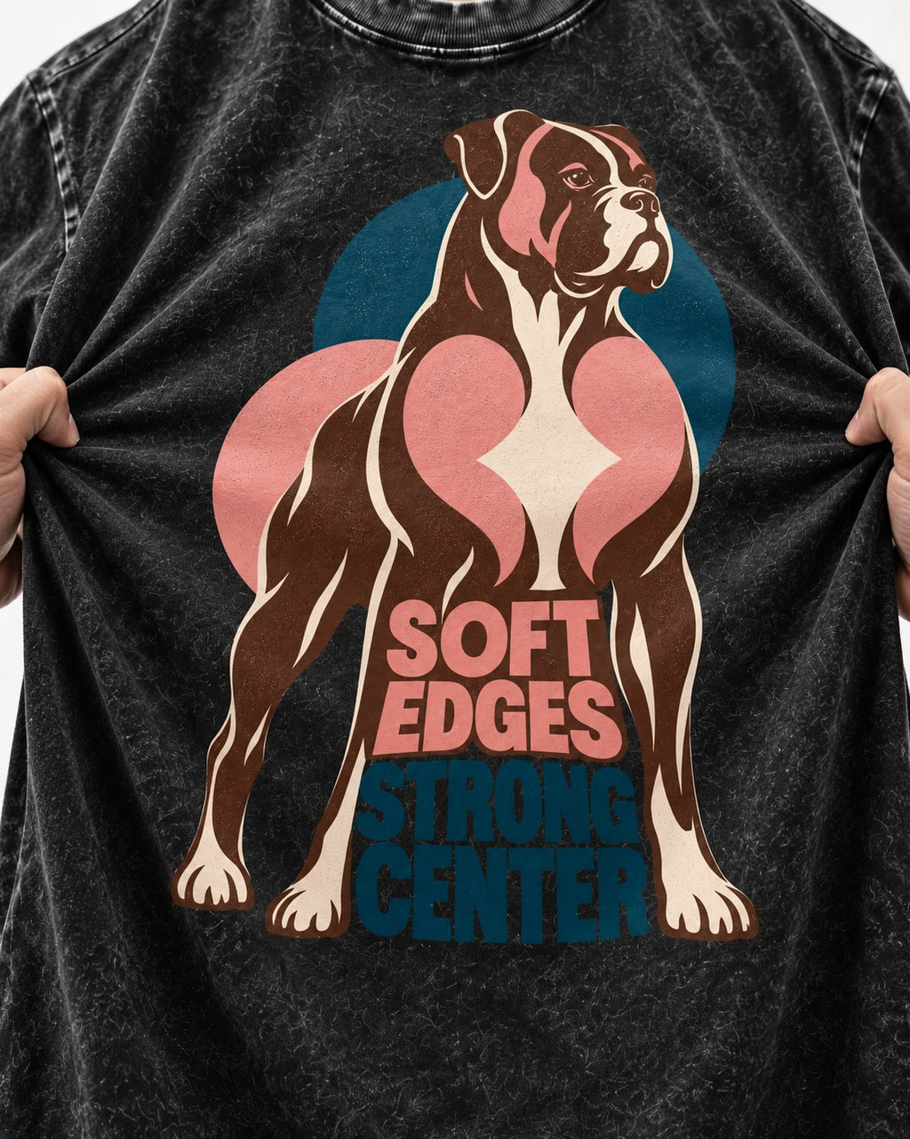 Boxer Soft Edges Strong Center Washed Tee in Black, close-up of the graphic