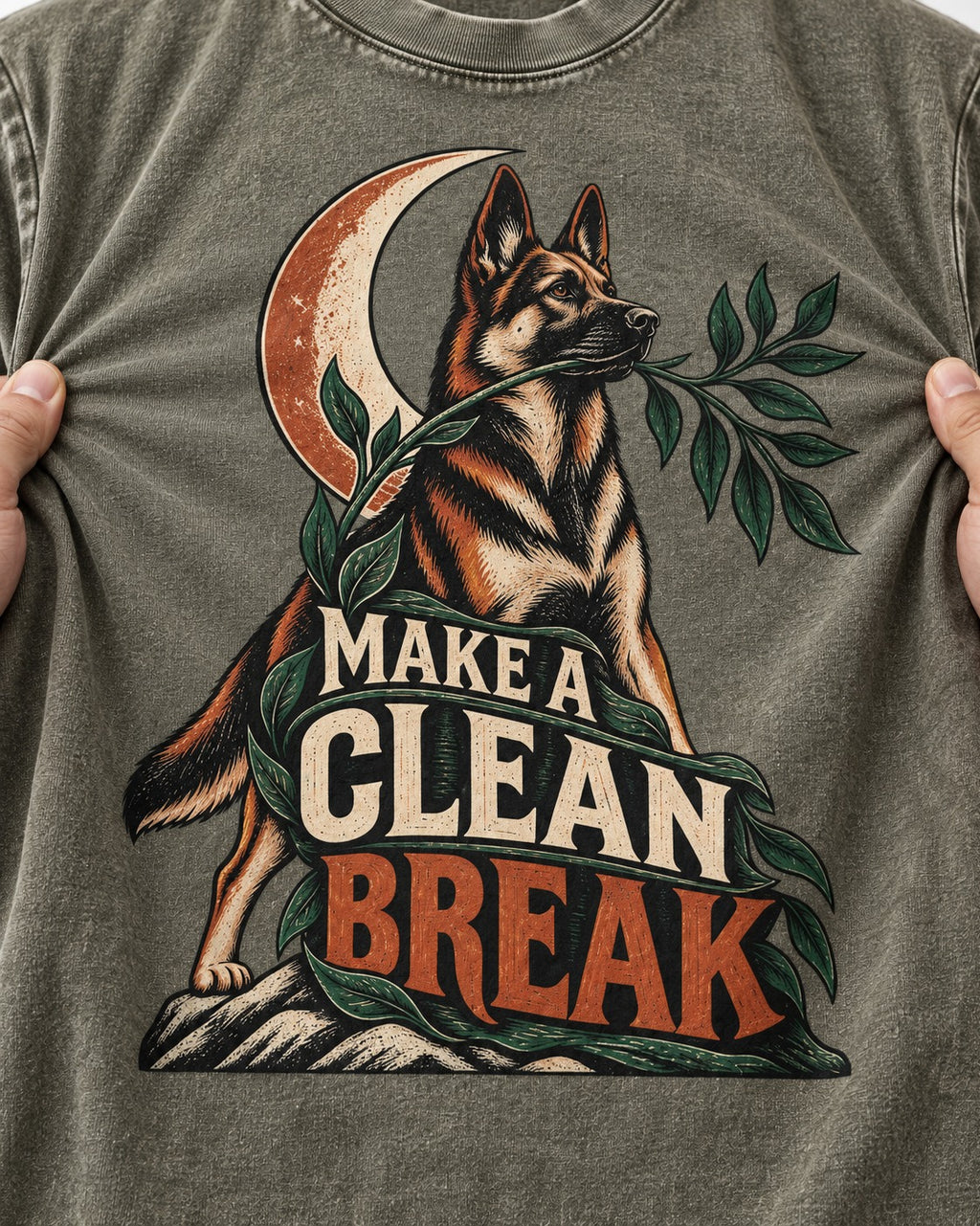 Make A Clean Break Crescent Botanical German Shepherd Dog Graphic Washed Tee in Army Green, close-up of the graphic