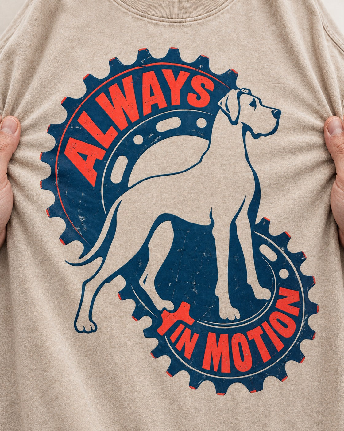 Great Dane Always in Motion Washed Tee in Apricot, close-up of the graphic