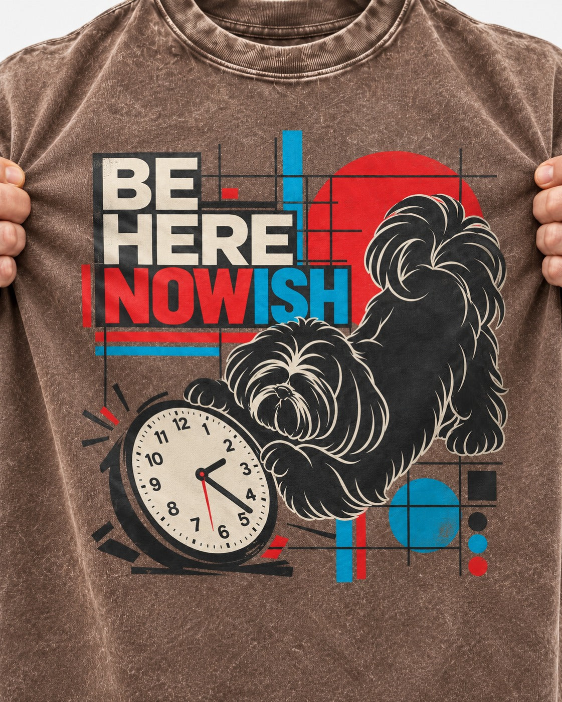 Be Here Nowish Shih Tzu Washed Tee in Coffee, close-up of the graphic