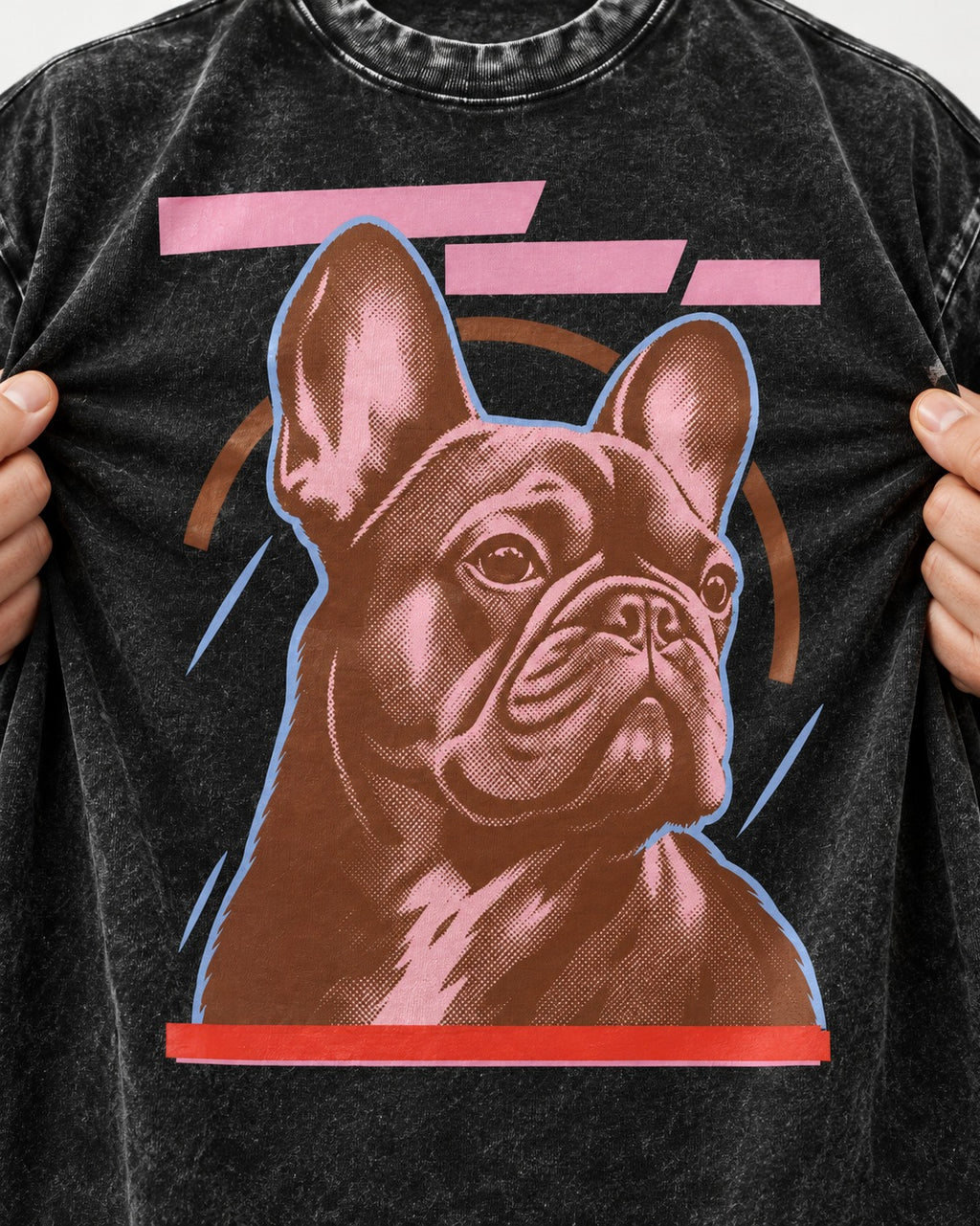 Frenchie Geometric Portrait Graphic Washed Tee in Black, close-up of the graphic