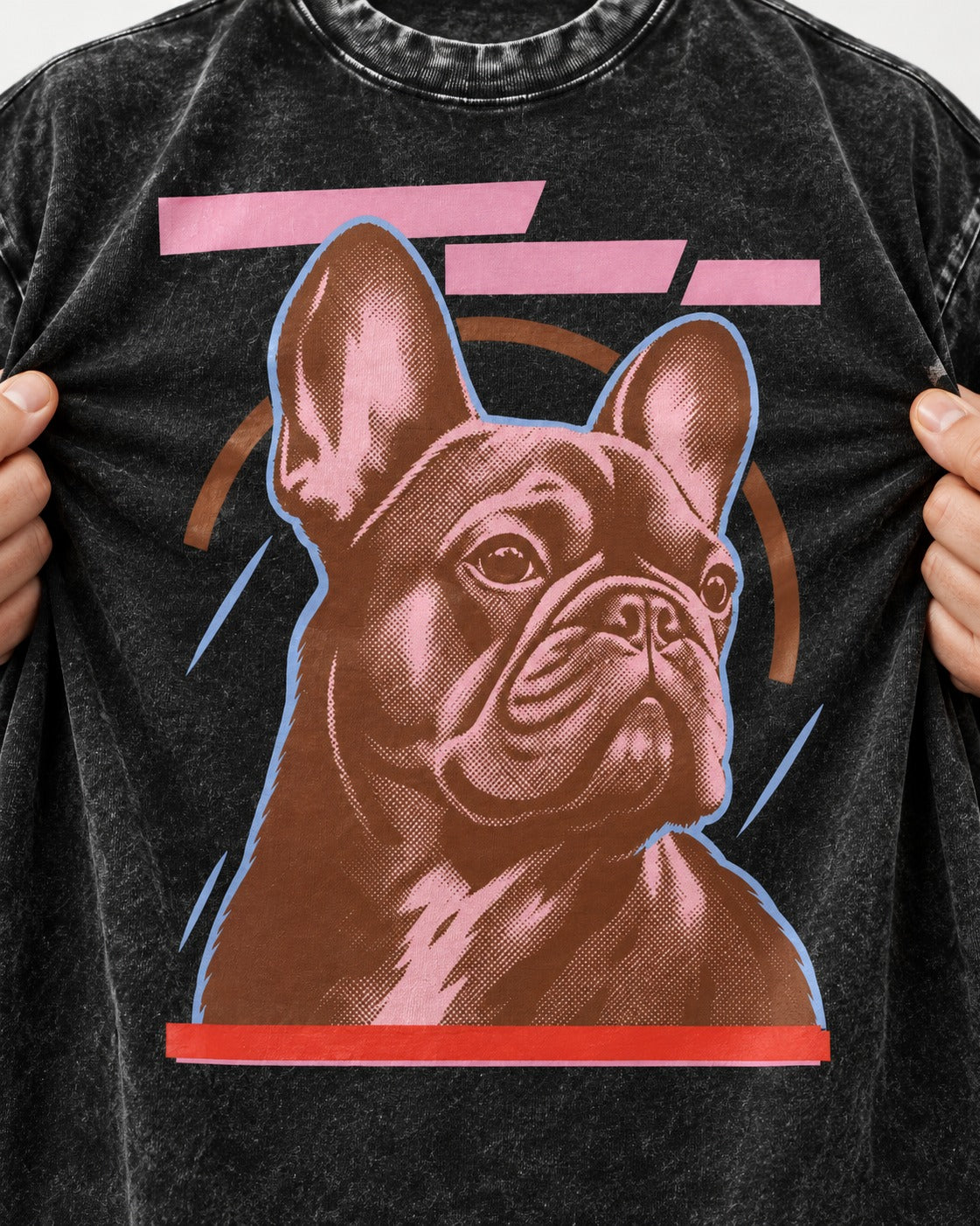 Frenchie Geometric Portrait Graphic Washed Tee in Black, close-up of the graphic