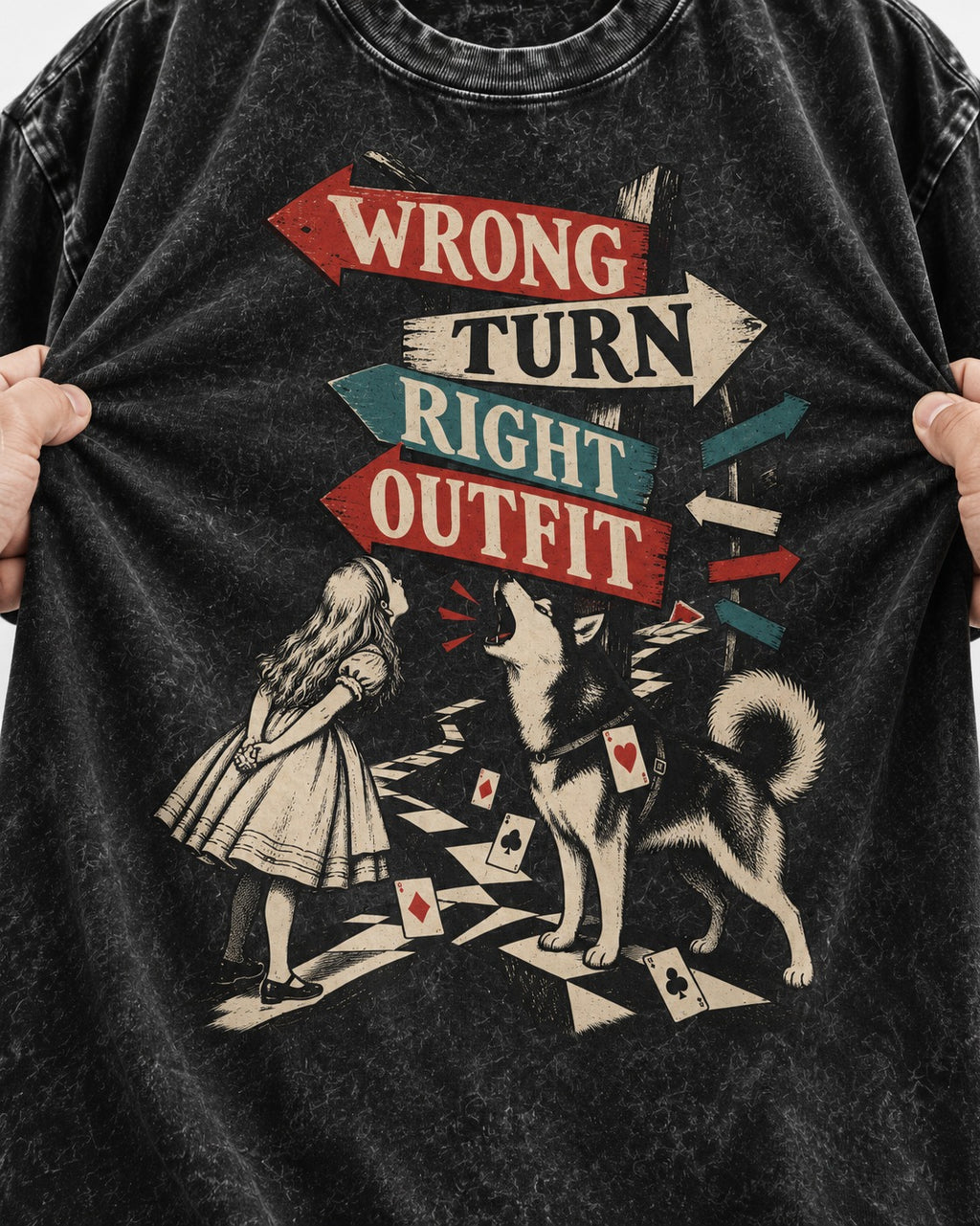 Husky Wrong Turn Right Outfit Wonderland Signpost Graphic Washed Tee in Black, close-up of the graphic