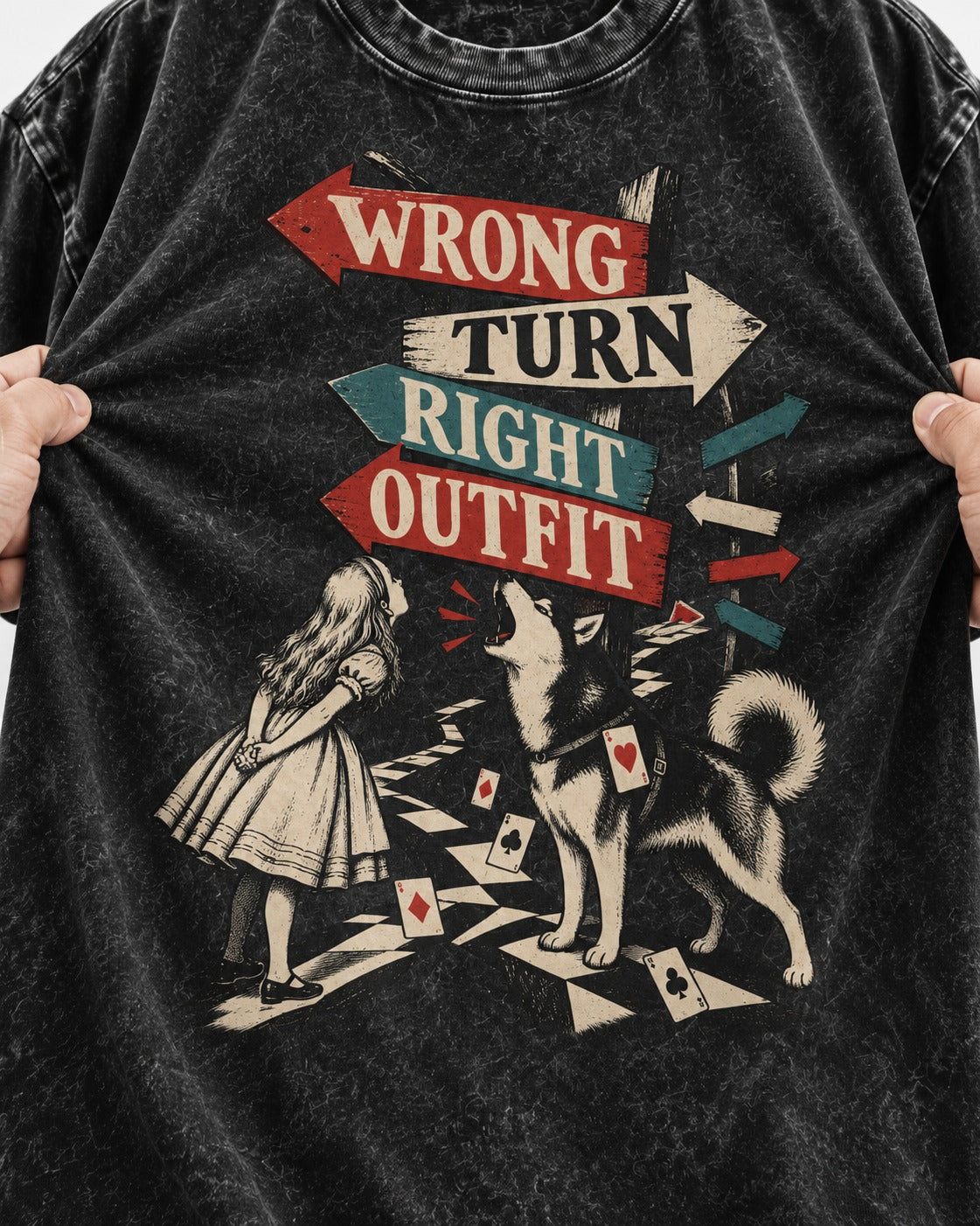Husky Wrong Turn Right Outfit Wonderland Signpost Graphic Washed Tee in Black, close-up of the graphic