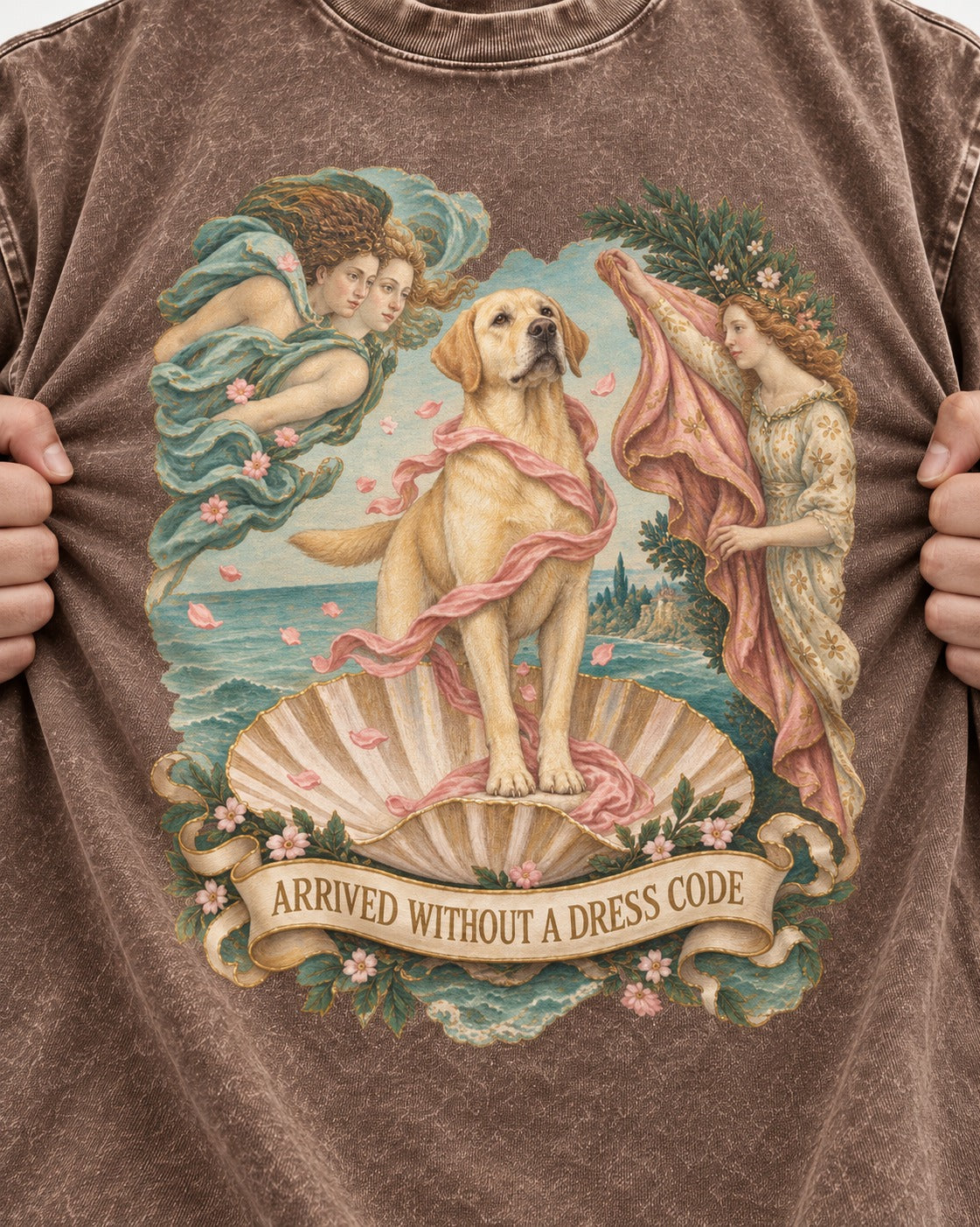 Labrador Retriever Without a Dress Code Washed Tee in Coffee, close-up of the graphic