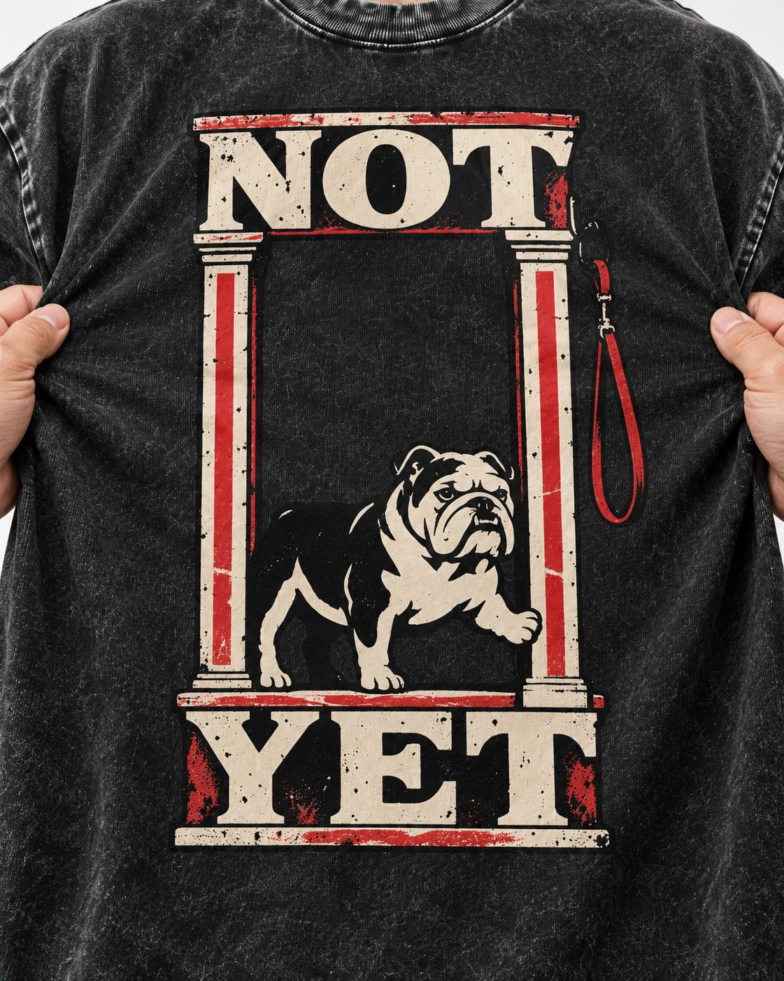 English Bulldog Not Yet Doorway Graphic Washed Tee in Black, close-up of the graphic