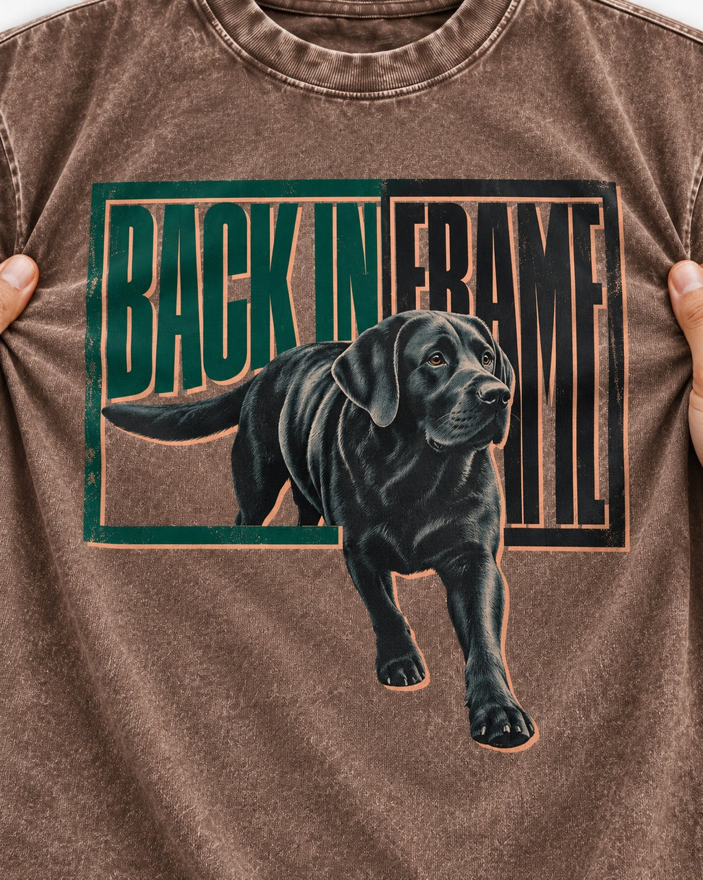 Labrador Retriever Back in Frame Washed Tee in Coffee, close-up of the graphic