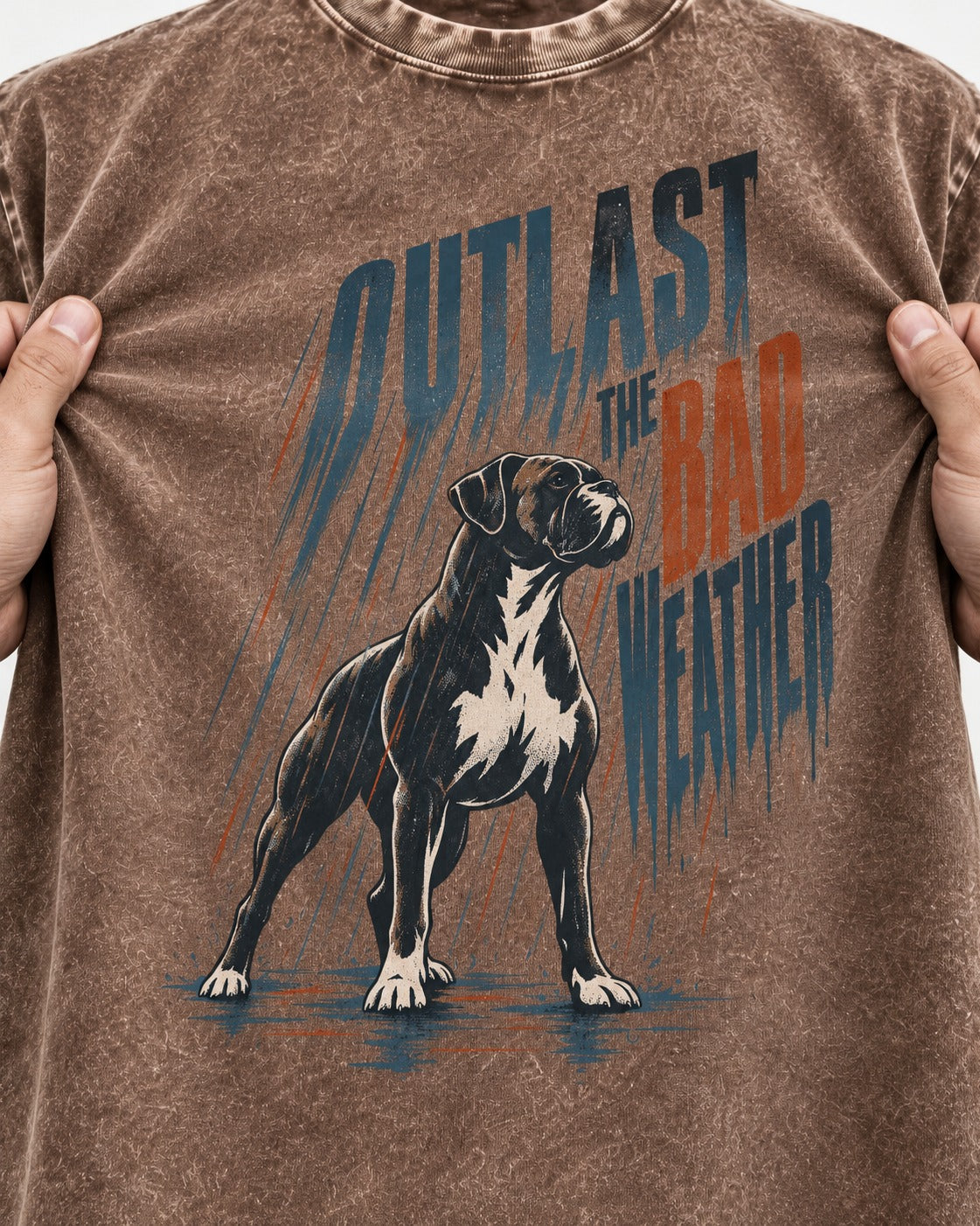 Boxer Outlast the Bad Weather Washed Tee in Coffee, close-up of the graphic