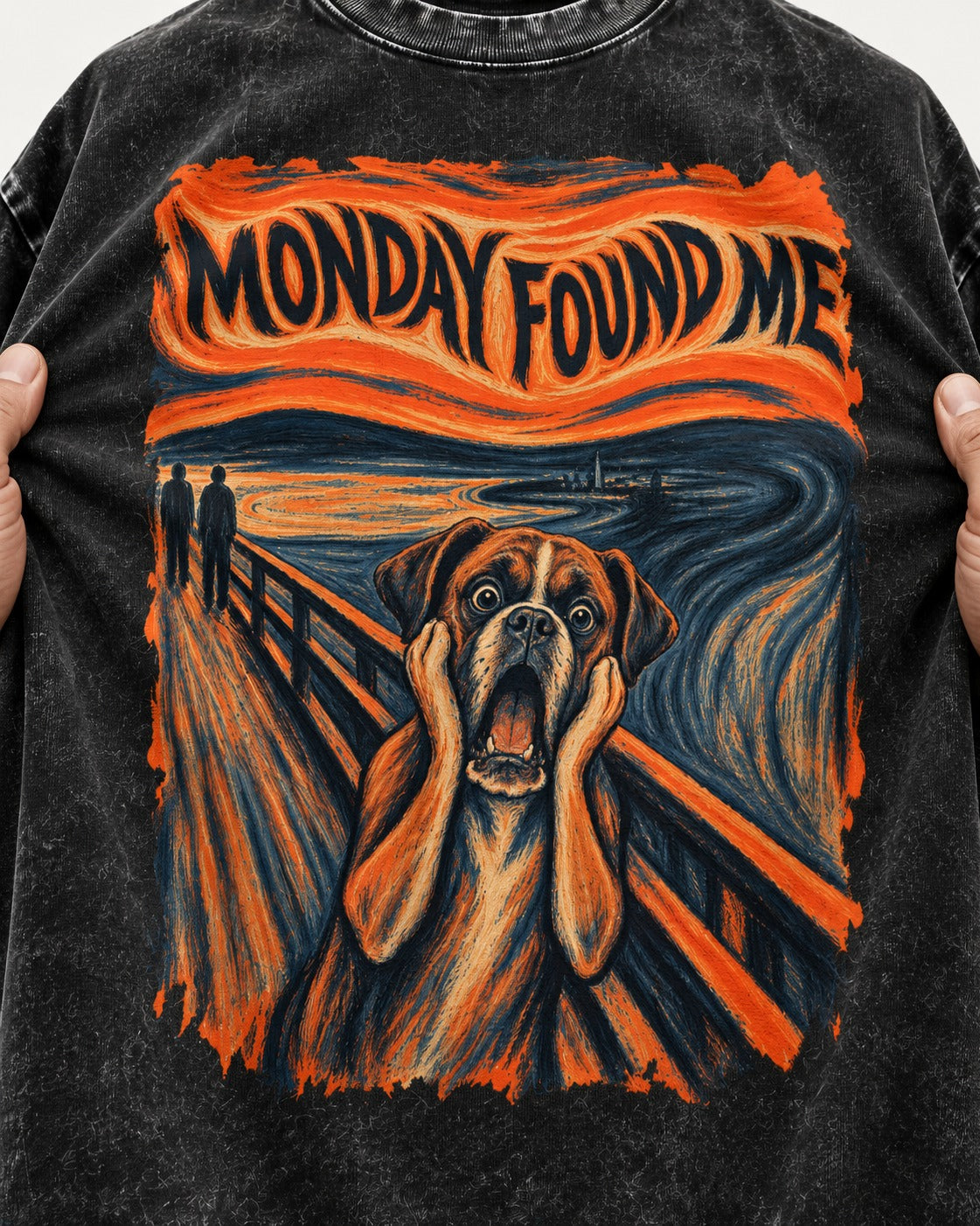 Monday Found Me Scream Boxer Washed Tee in Black, close-up of the graphic