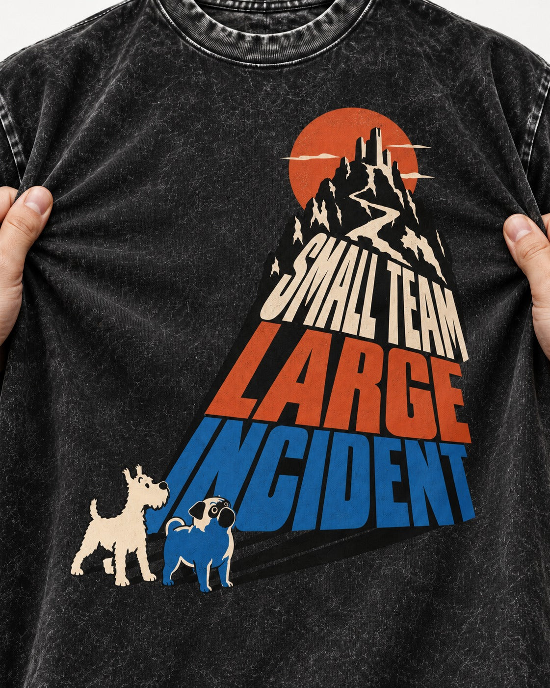 Pug Small Team Large Incident Mountain Graphic Washed Tee in Black, close-up of the graphic