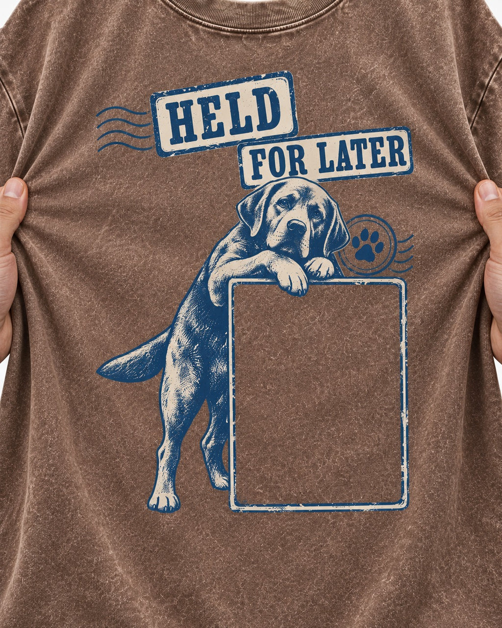 Held for Later Labrador Retriever Washed Tee in Coffee, close-up of the graphic