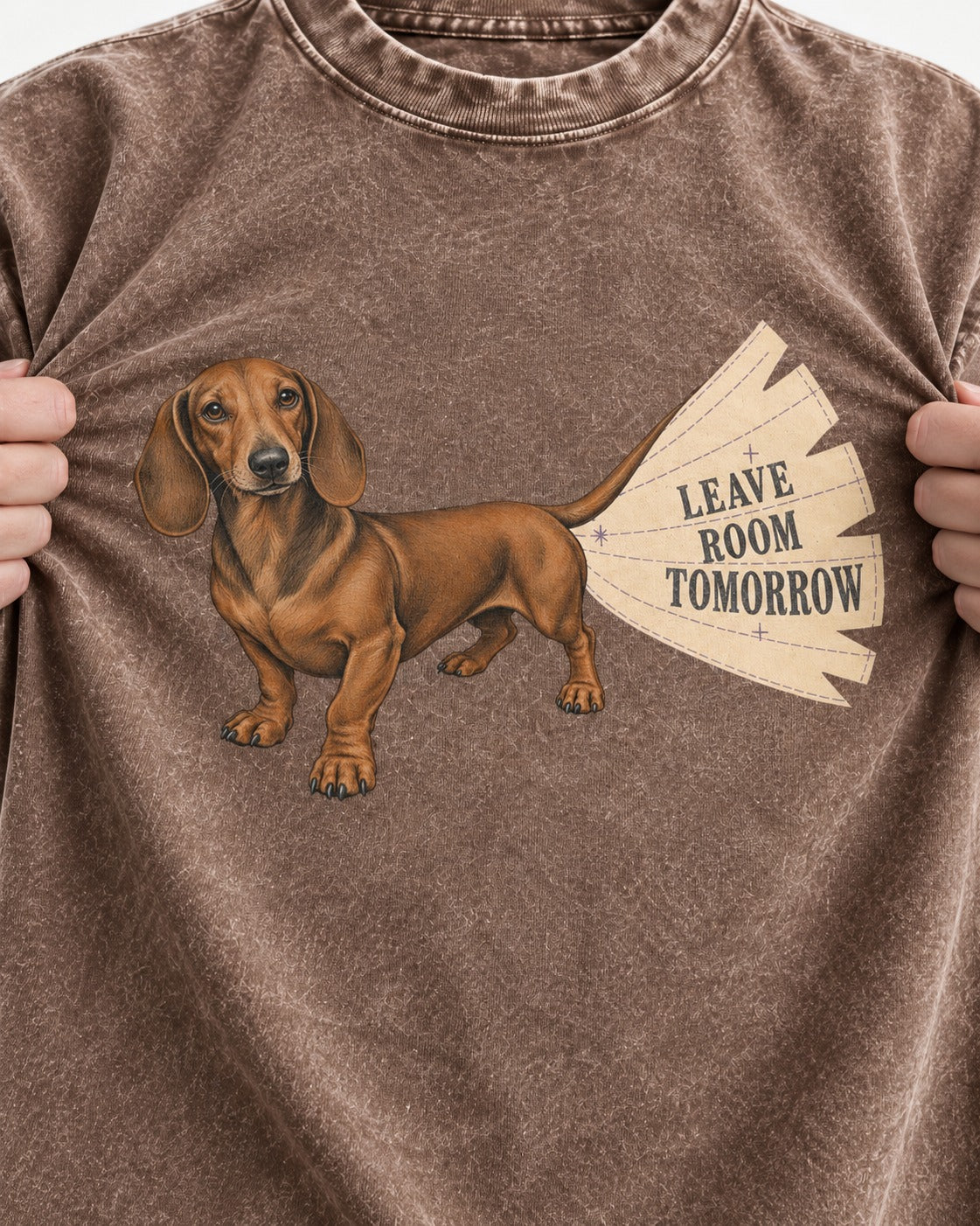 Dachshund Leave Room Tomorrow Washed Tee in Coffee, close-up of the graphic