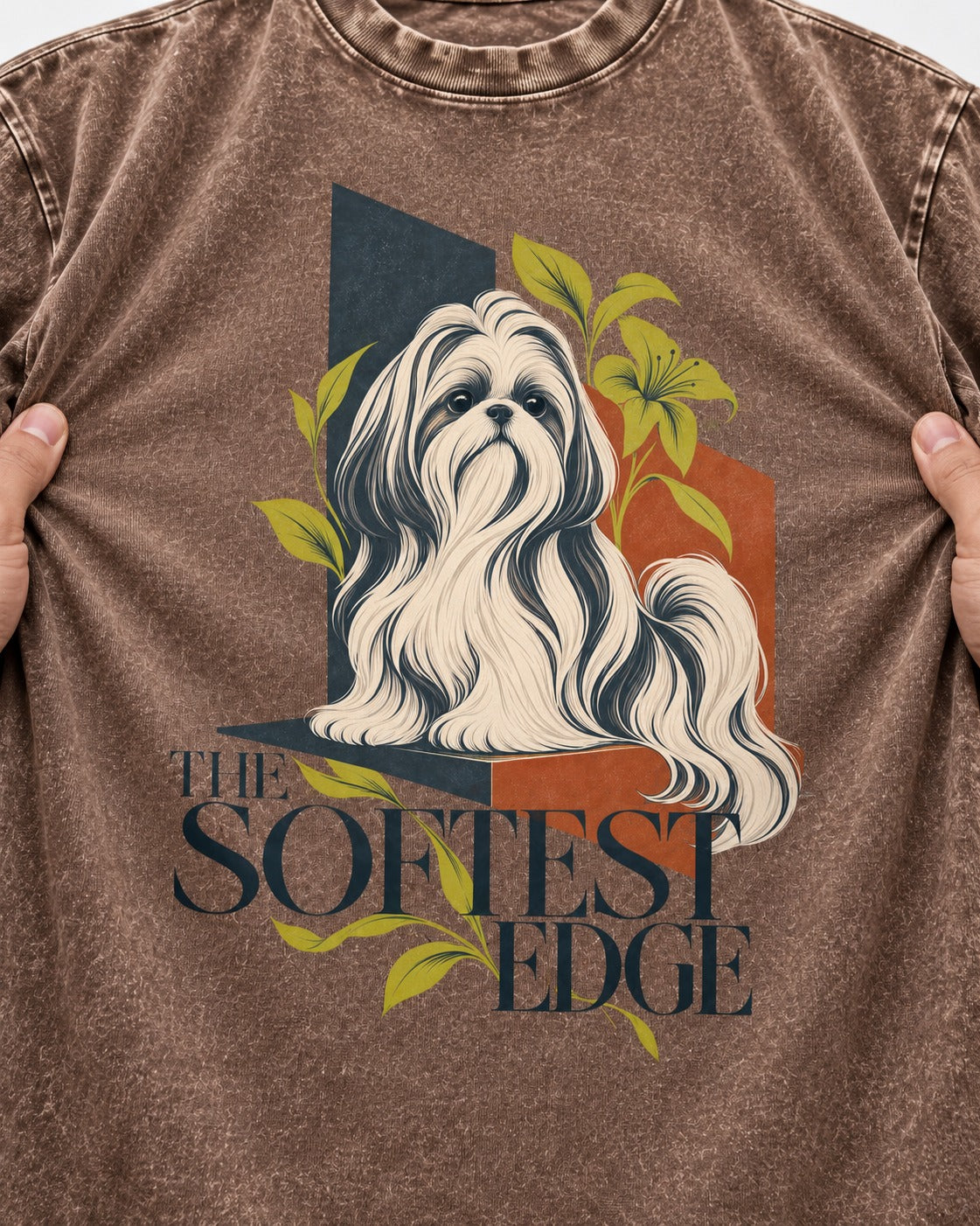 Shih Tzu The Softest Edge Washed Tee in Coffee, close-up of the graphic