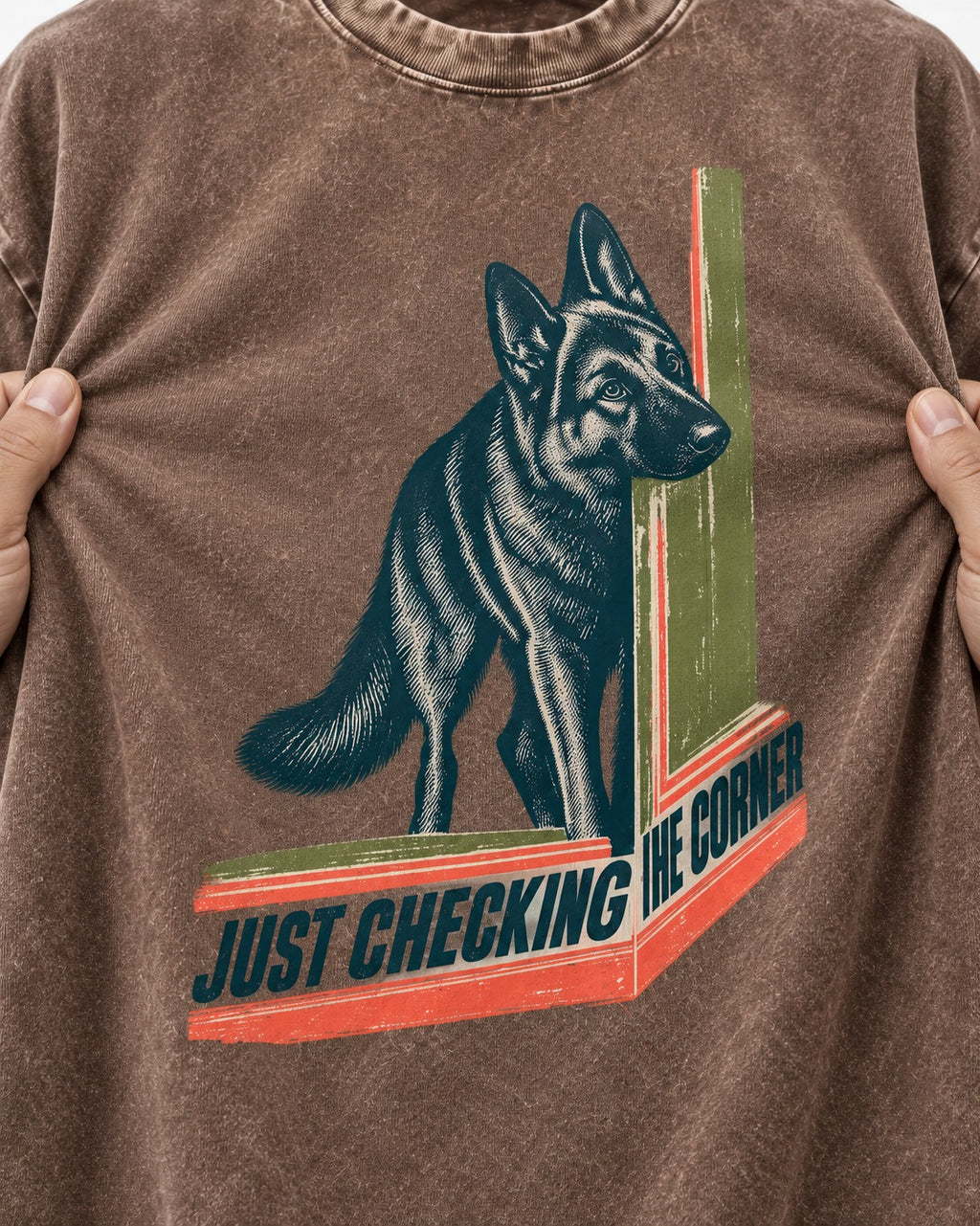 German Shepherd Dog Just Checking the Corner Washed Tee in Coffee, close-up of the graphic