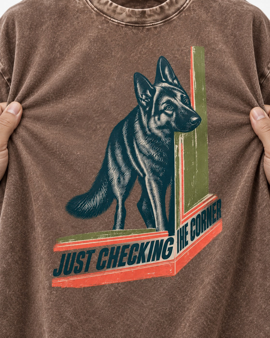 German Shepherd Dog Just Checking the Corner Washed Tee in Coffee, close-up of the graphic