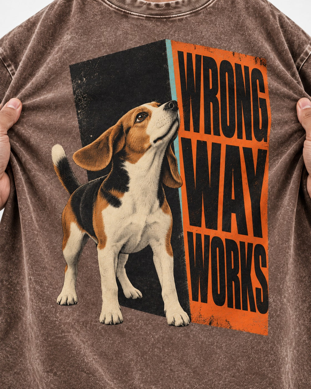 Beagle Wrong Way Works Washed Tee in Coffee, close-up of the graphic