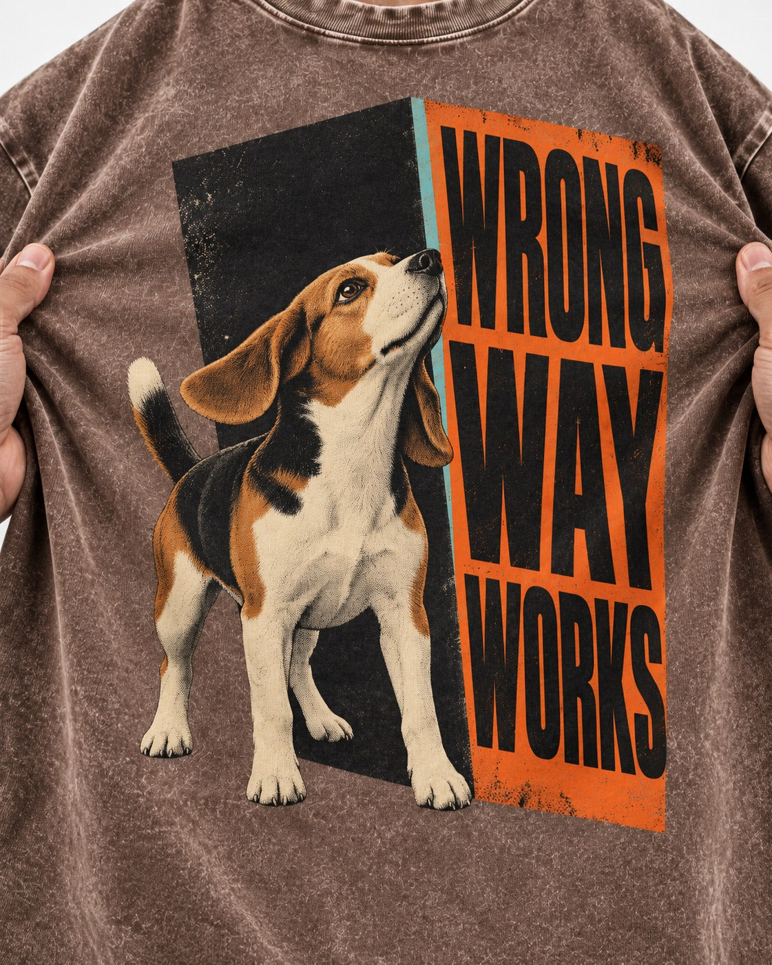 Beagle Wrong Way Works Washed Tee in Coffee, close-up of the graphic