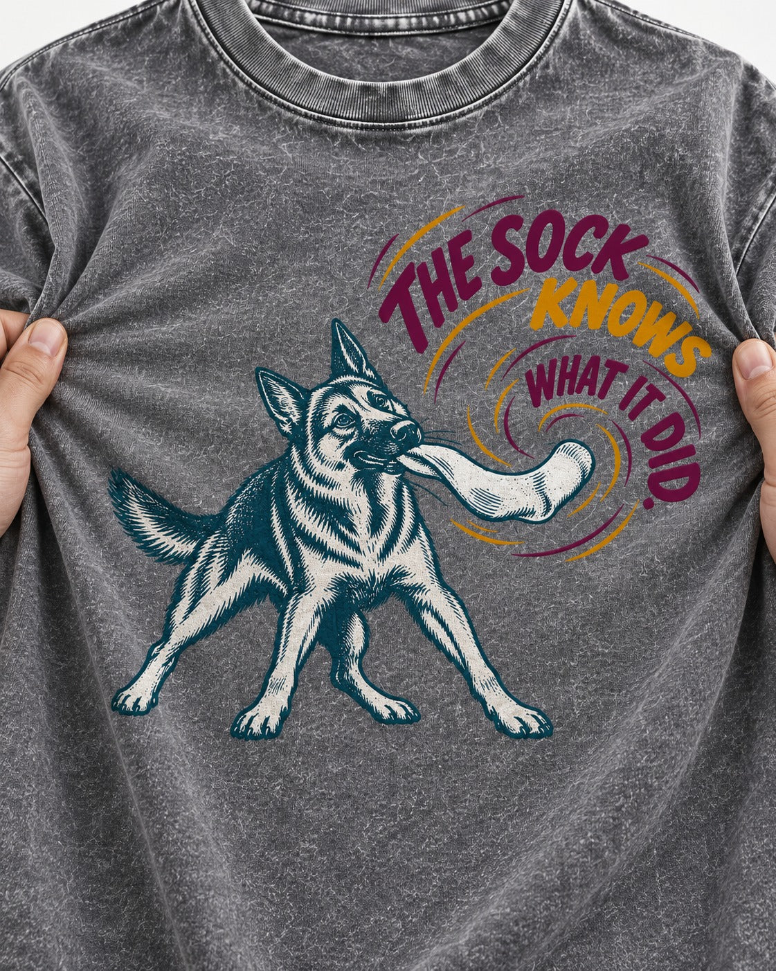 German Shepherd Dog The Sock Knows What I Did Graphic Washed Tee in Gray, close-up of the graphic