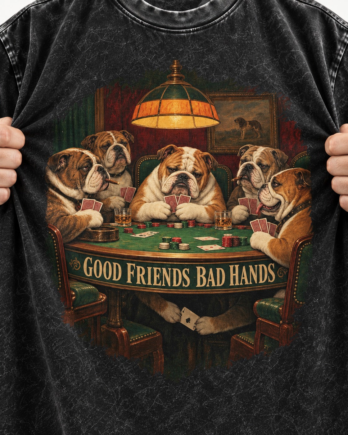English Bulldog Good Friends Bad Hands Poker Graphic Washed Tee in Black, close-up of the graphic