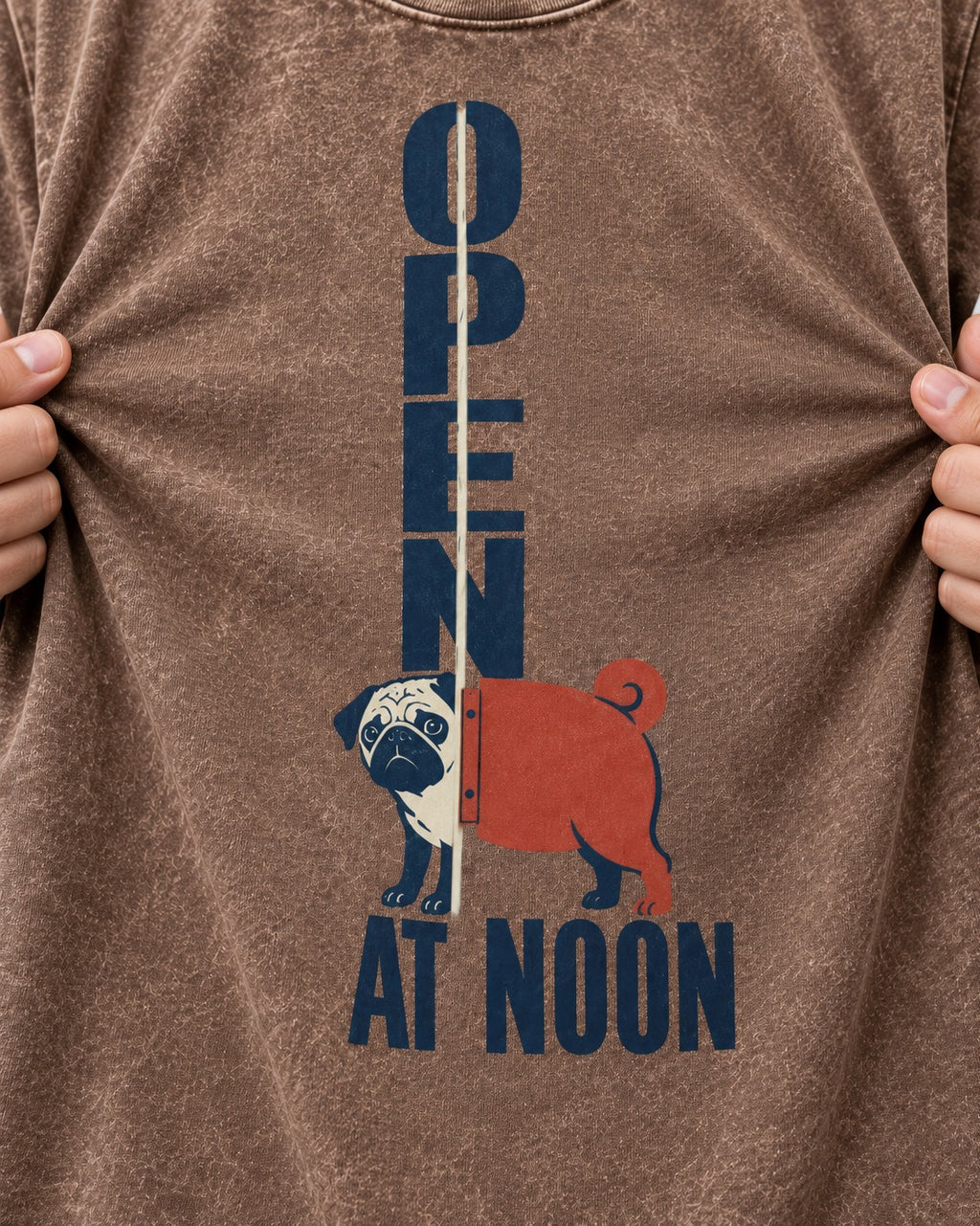 Pug Open at Noon Washed Tee in Coffee, close-up of the graphic