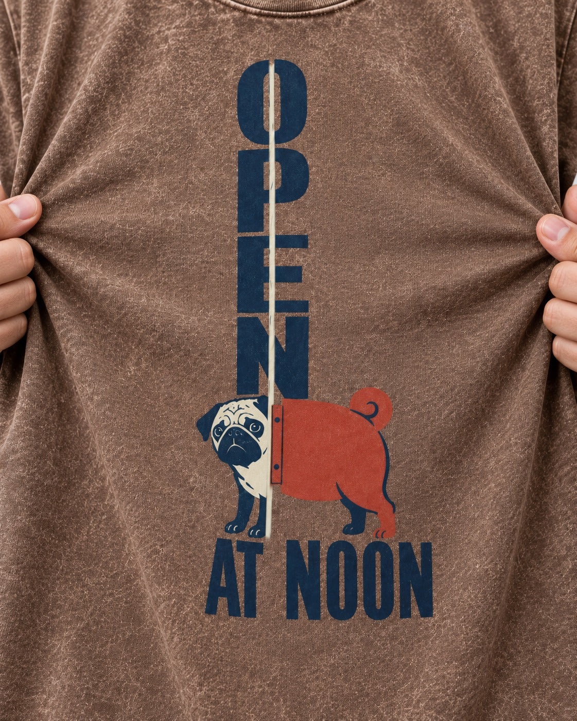 Pug Open at Noon Washed Tee in Coffee, close-up of the graphic