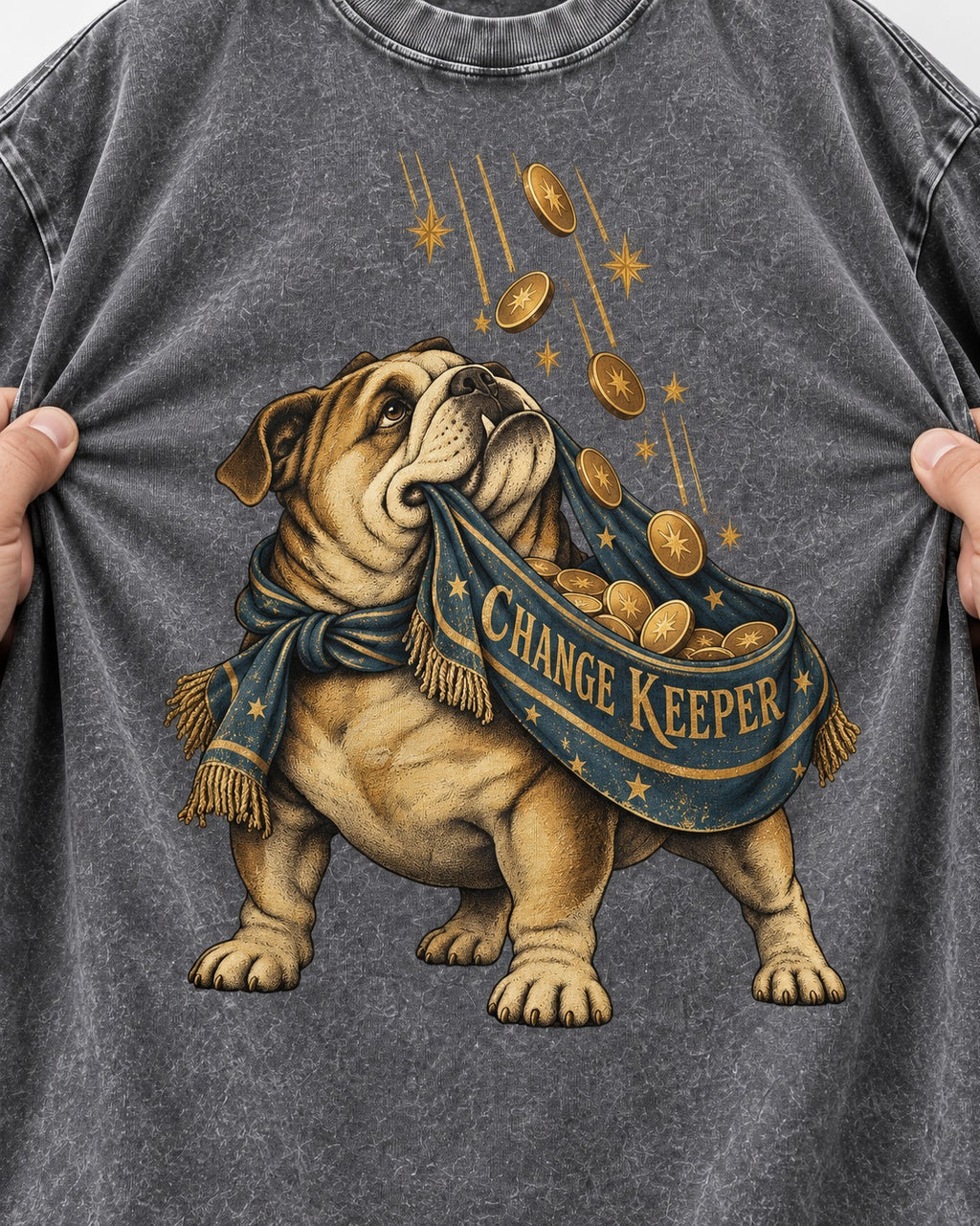 English Bulldog Change Keeper Coin Scarf Graphic Washed Tee in Gray, close-up of the graphic