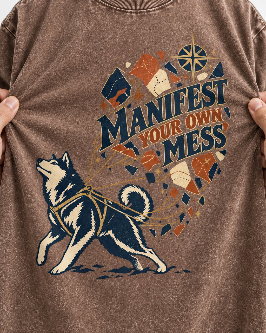 Husky Manifest Your Own Mess Washed Tee in Coffee, close-up of the graphic