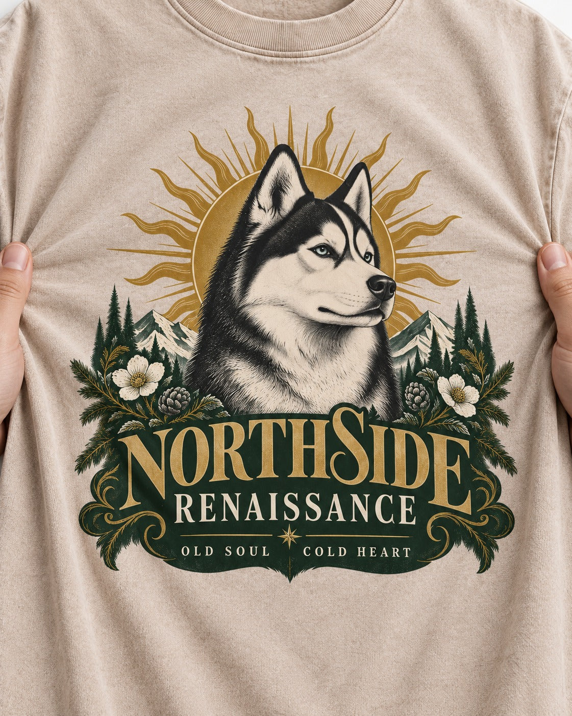 Northside Renaissance Husky Washed Tee in Apricot, close-up of the graphic