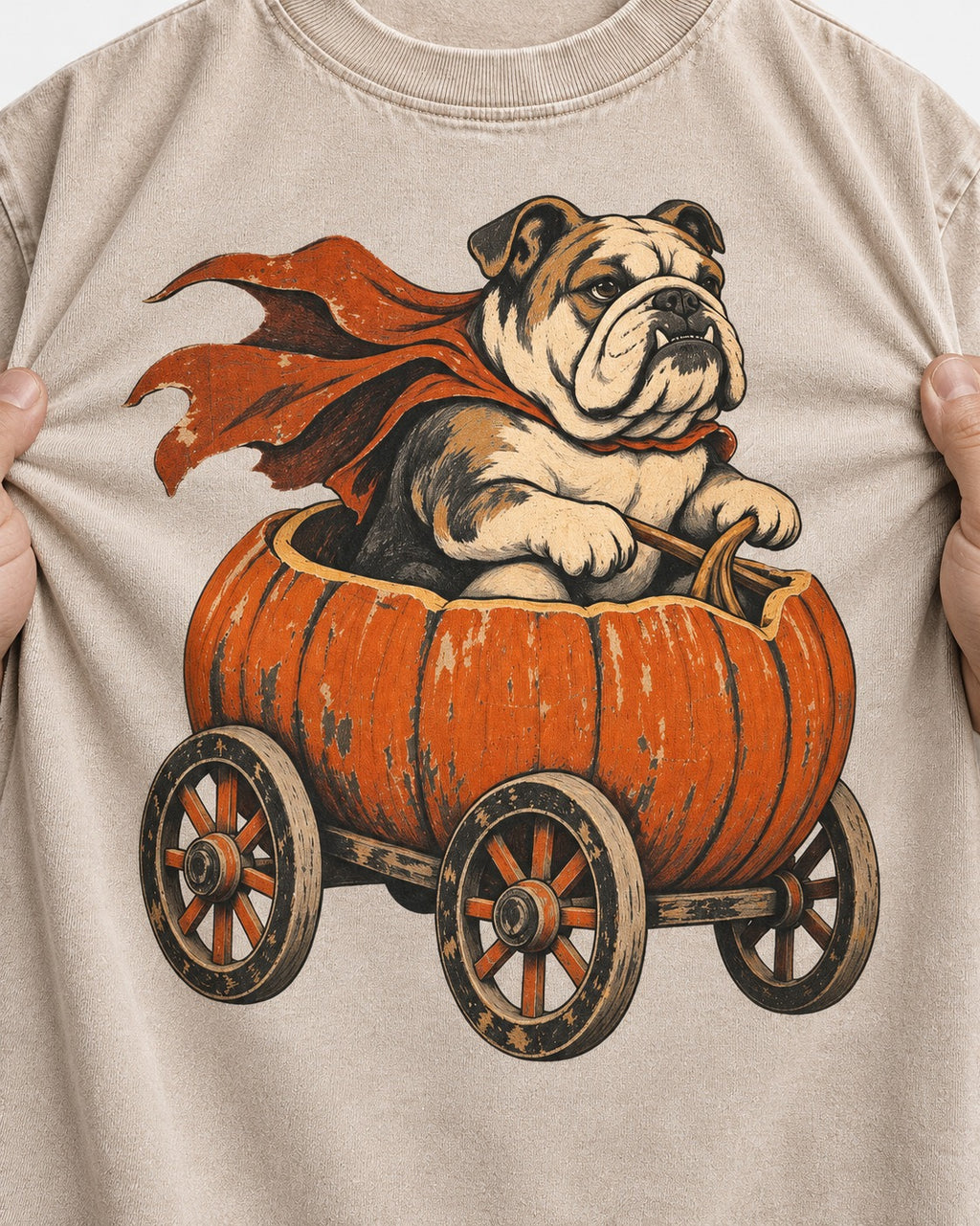 English Bulldog Midnight Magic Washed Tee in Apricot, close-up of the graphic