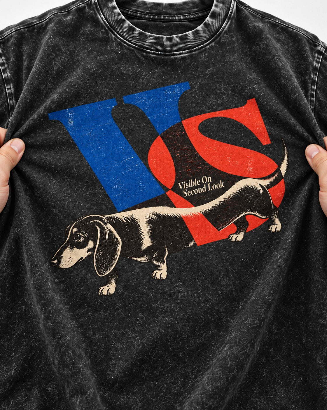 Dachshund VS Visible On Second Look Graphic Washed Tee in Black, close-up of the graphic