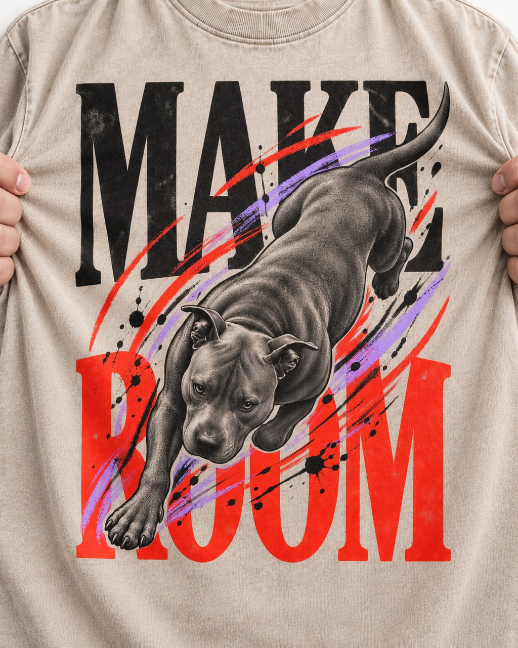 Make Room for Pitbull Washed Tee in Apricot, close-up of the graphic