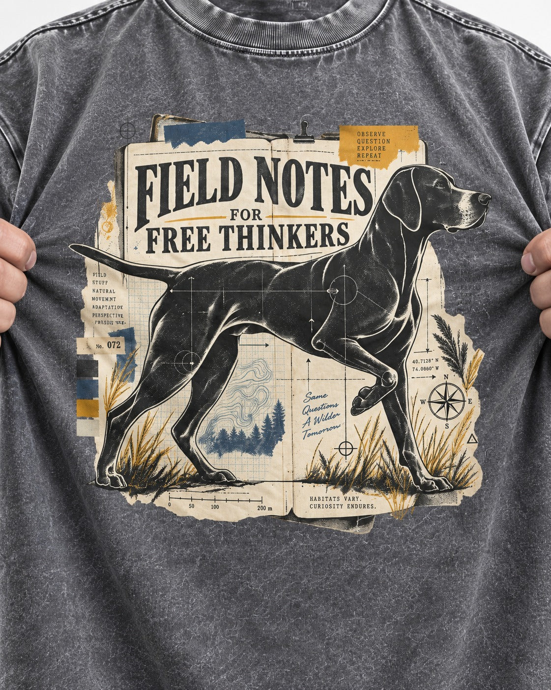 Field Notes for Free Thinkers Collage German Shorthaired Pointer Graphic Washed Tee in Gray, close-up of the graphic