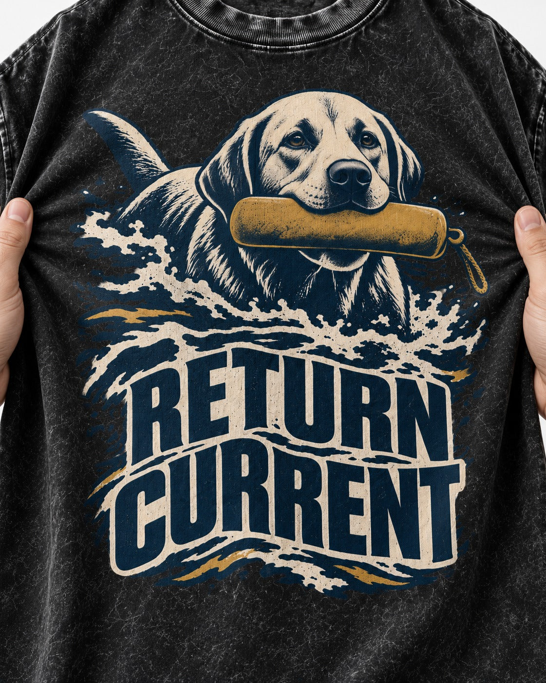 Return Current Water Retrieve Labrador Retriever Graphic Washed Tee in Black, close-up of the graphic