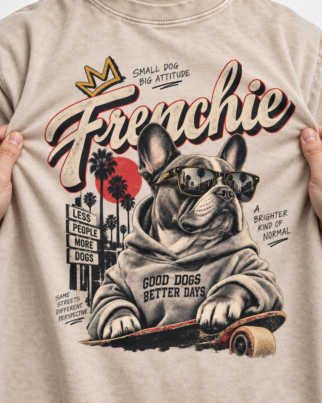 Frenchie Better Days Washed Tee in Apricot, close-up of the graphic