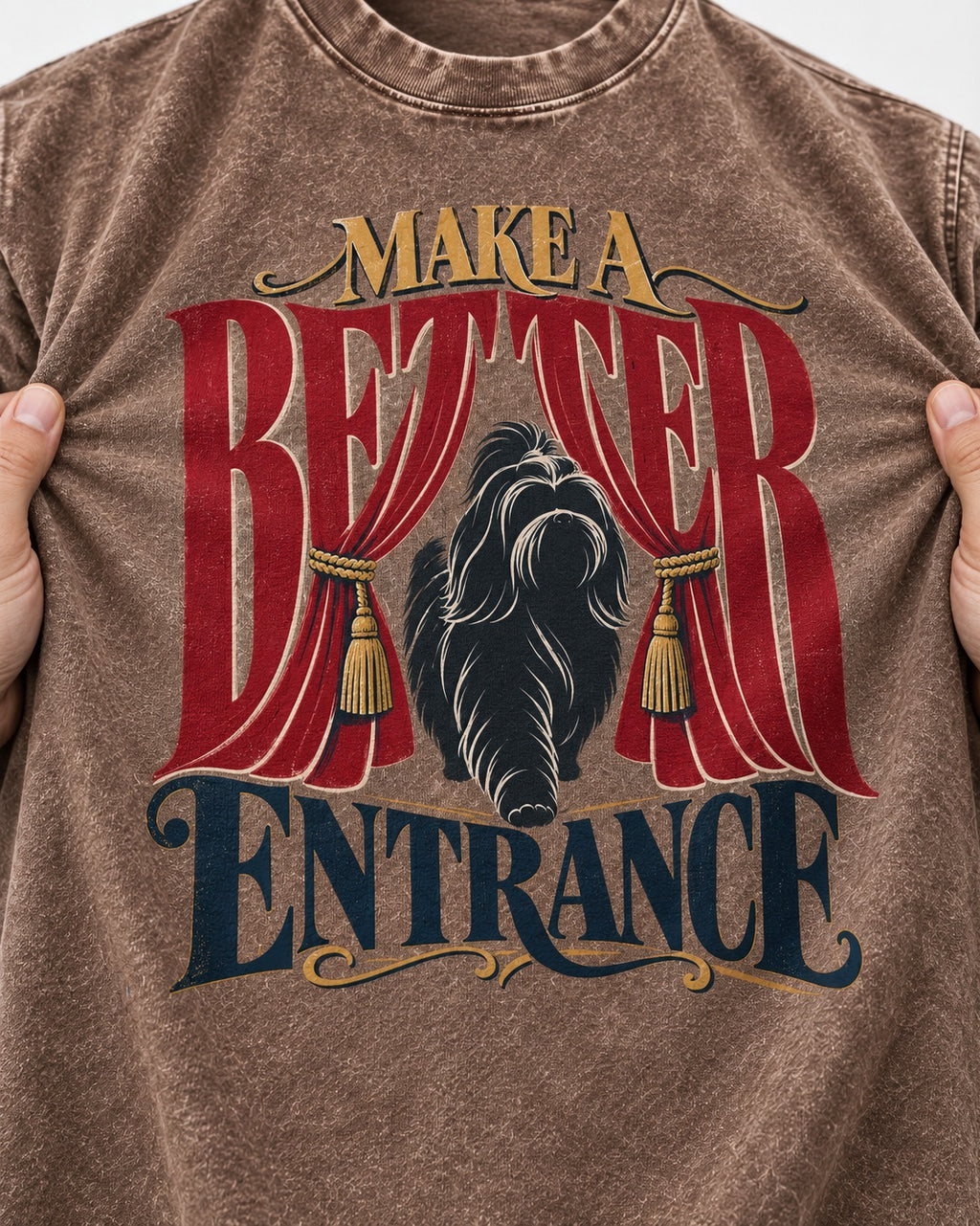 A Better Shih Tzu Entrance Washed Tee in Coffee, close-up of the graphic