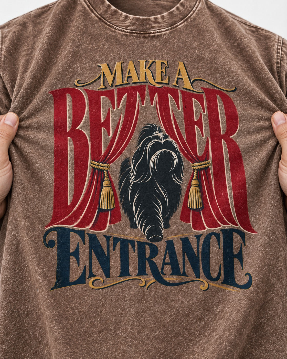 A Better Shih Tzu Entrance Washed Tee in Coffee, close-up of the graphic