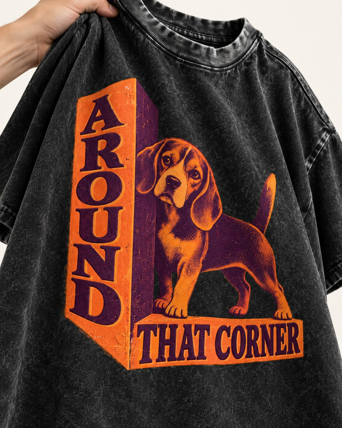 Beagle Around That Corner Graphic Washed Tee in Black, close-up of the graphic