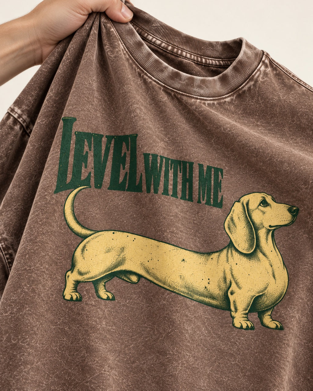Dachshund Level with Me Washed Tee in Coffee, close-up of the graphic