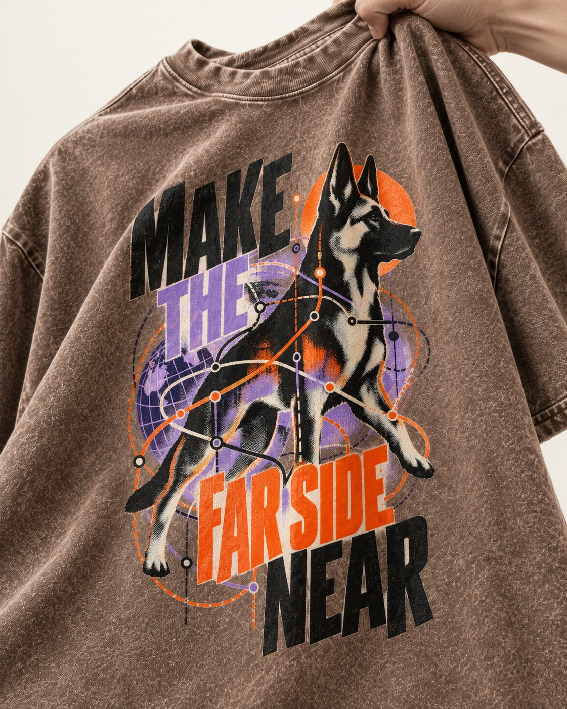 German Shepherd Dog Far Side Near Washed Tee in Coffee, close-up of the graphic