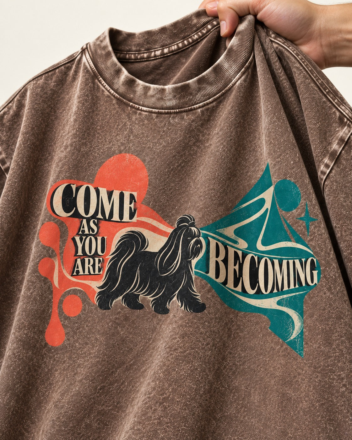 Come as You Are Shih Tzu Washed Tee in Coffee, close-up of the graphic