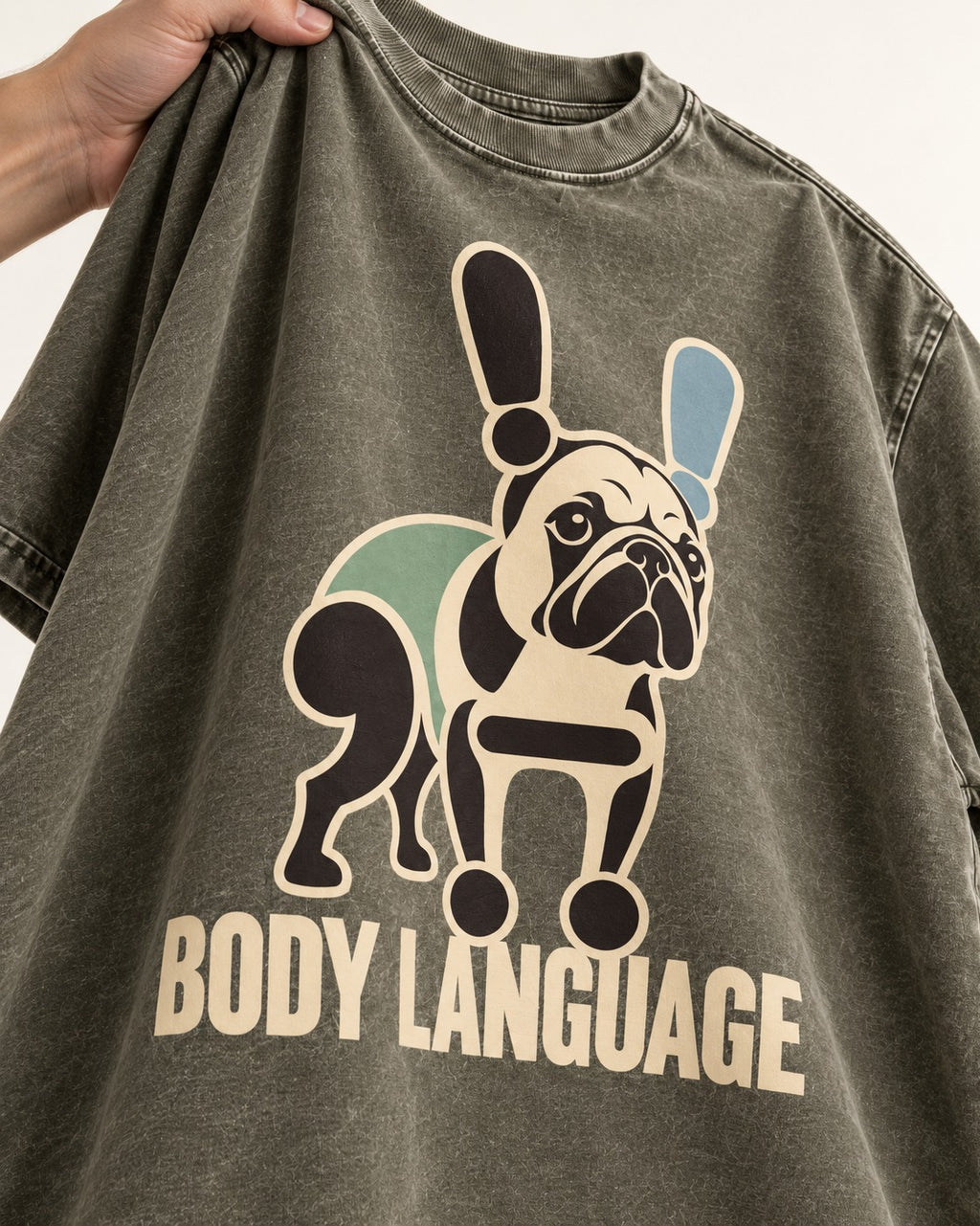 Frenchie Body Language Punctuation Graphic Washed Tee in Army Green, close-up of the graphic