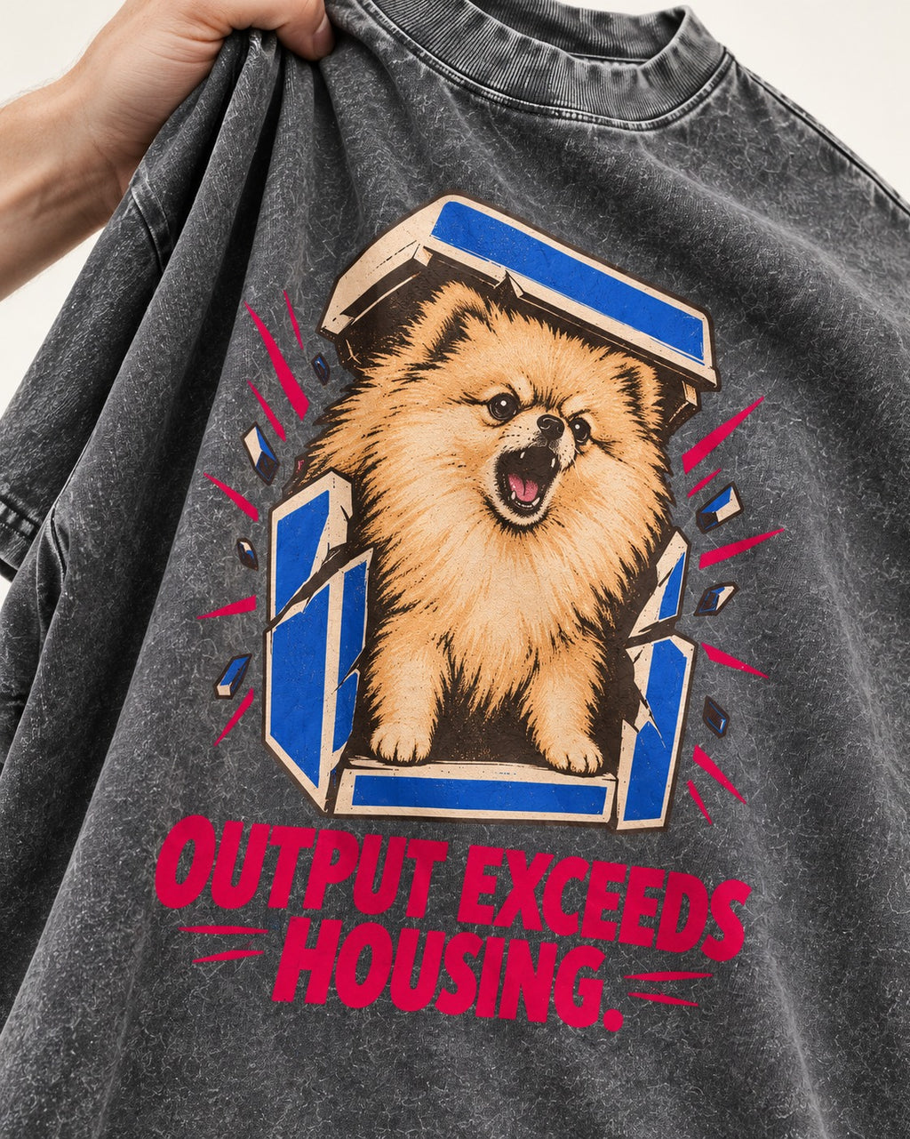 Pomeranian Output Exceeds Housing Bark Compression Graphic Washed Tee in Gray, close-up of the graphic