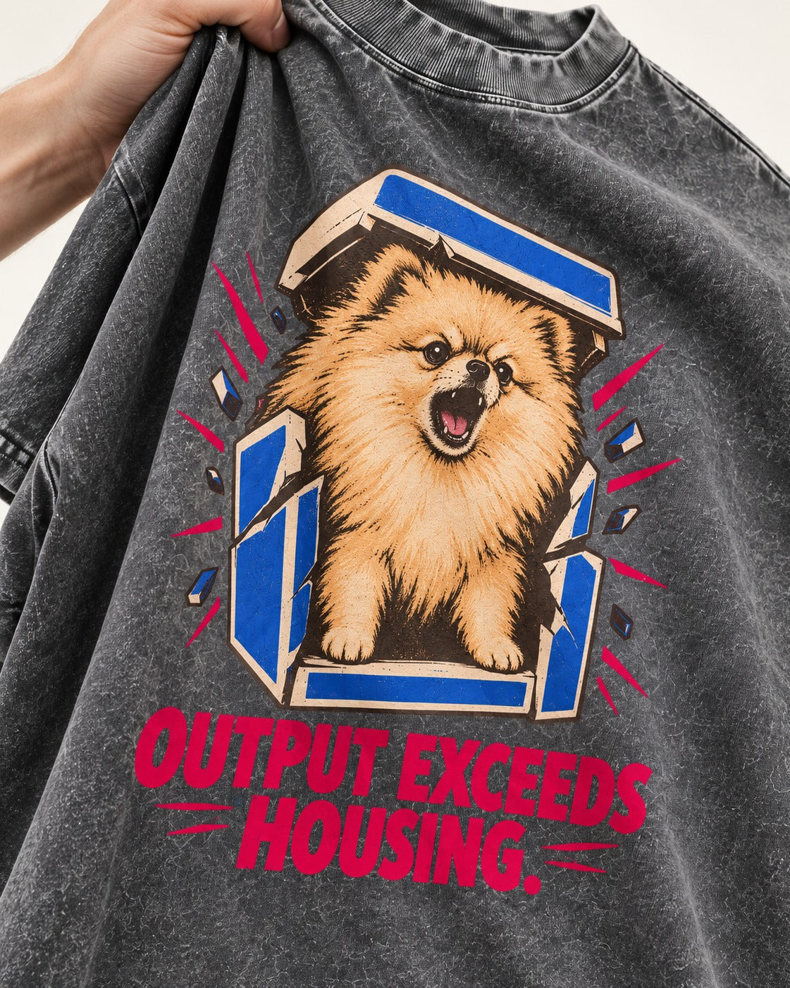 Pomeranian Output Exceeds Housing Bark Compression Graphic Washed Tee in Gray, close-up of the graphic